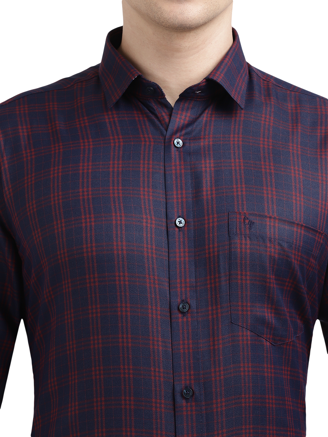 Model wearing Clarke Gable's Navy Blue With Red Checked Formal Shirt in a casual setting