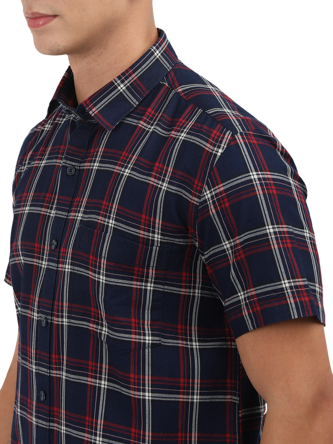 Model wearing Clarke Gable's Navy Blue With Red Checked Semi Casual Shirt in a casual setting