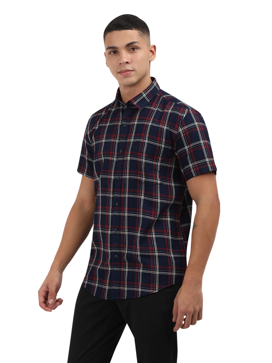 Model wearing Clarke Gable's Navy Blue With Red Checked Semi Casual Shirt in a casual setting