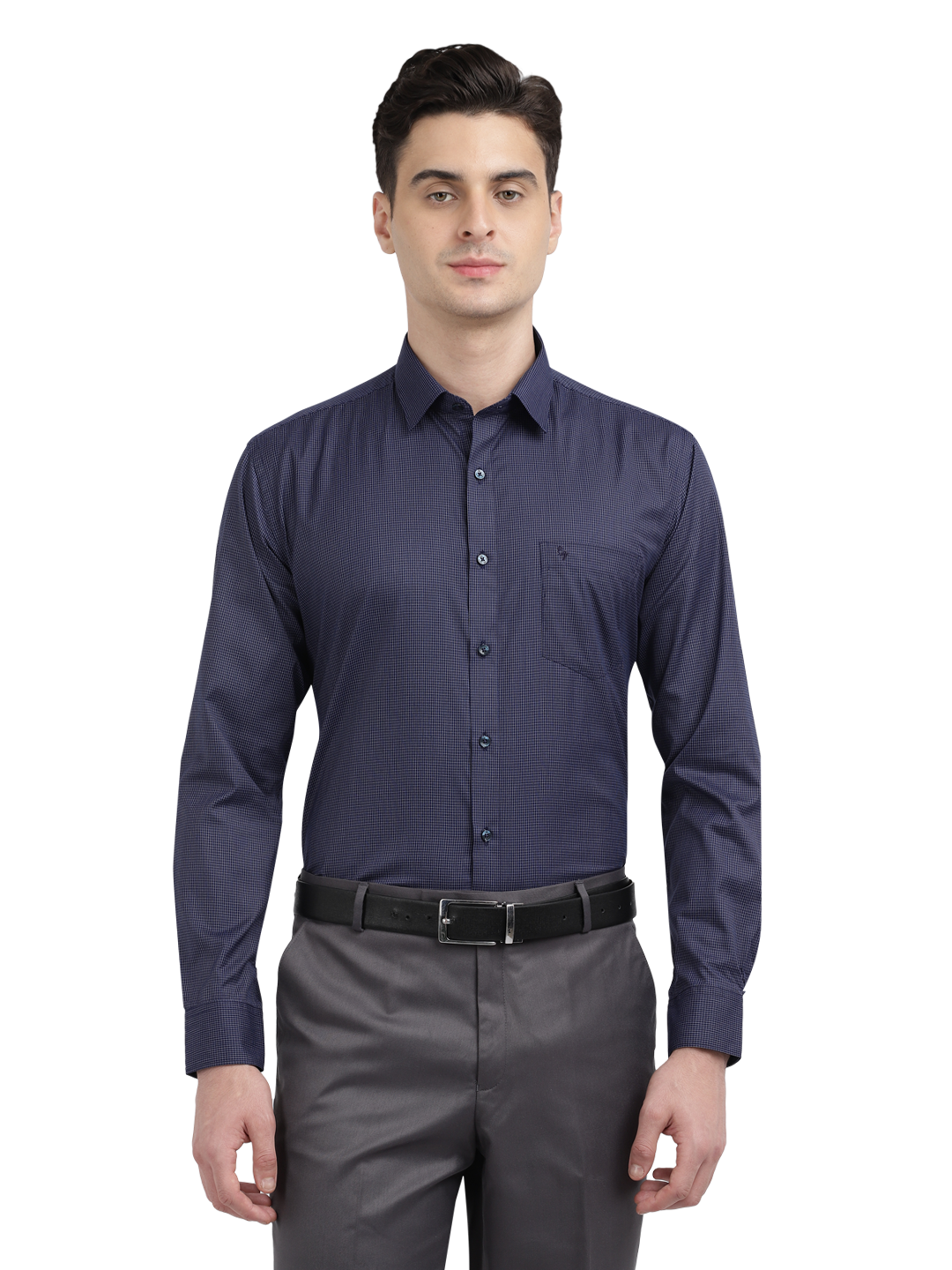 Model wearing Clarke Gable's Navy Blue With White Checked Formal Shirt in a casual setting