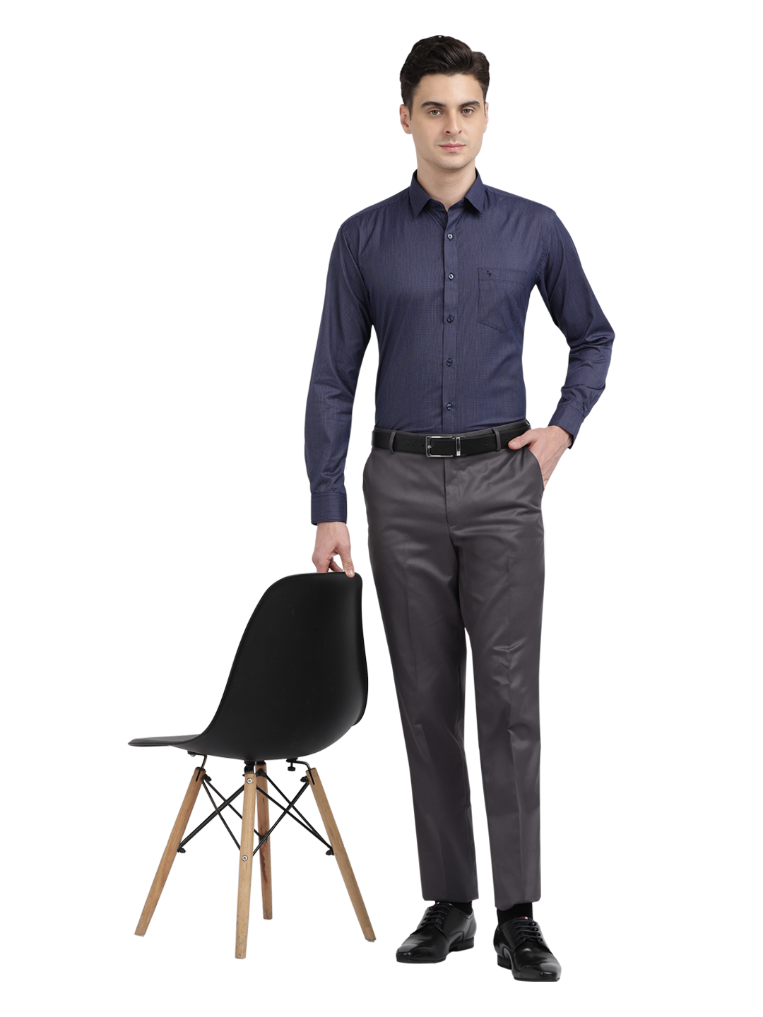 Model wearing Clarke Gable's Navy Blue With White Checked Formal Shirt in a casual setting