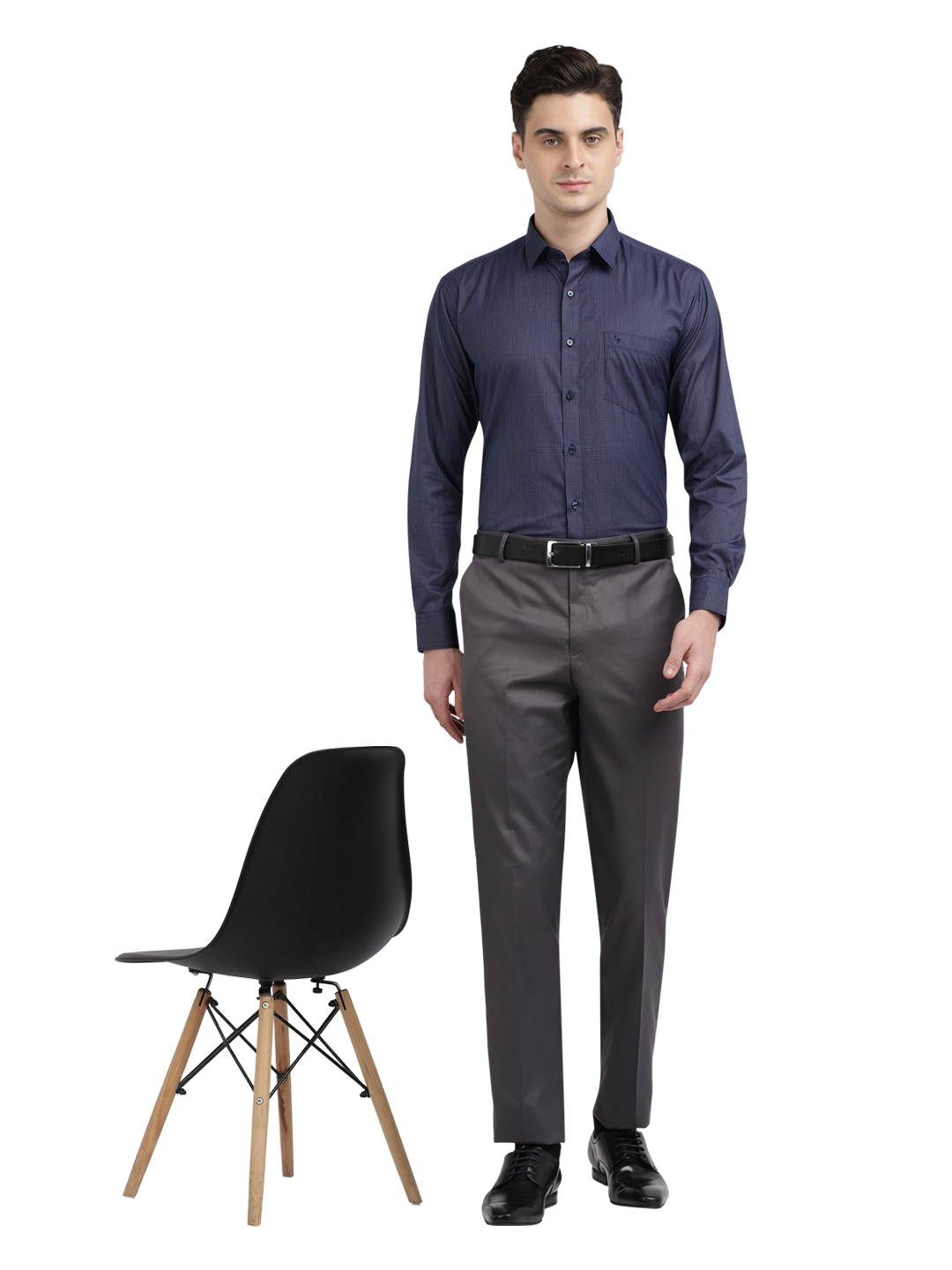 Model wearing Clarke Gable's Navy Blue With White Checked Formal Shirt in a casual setting