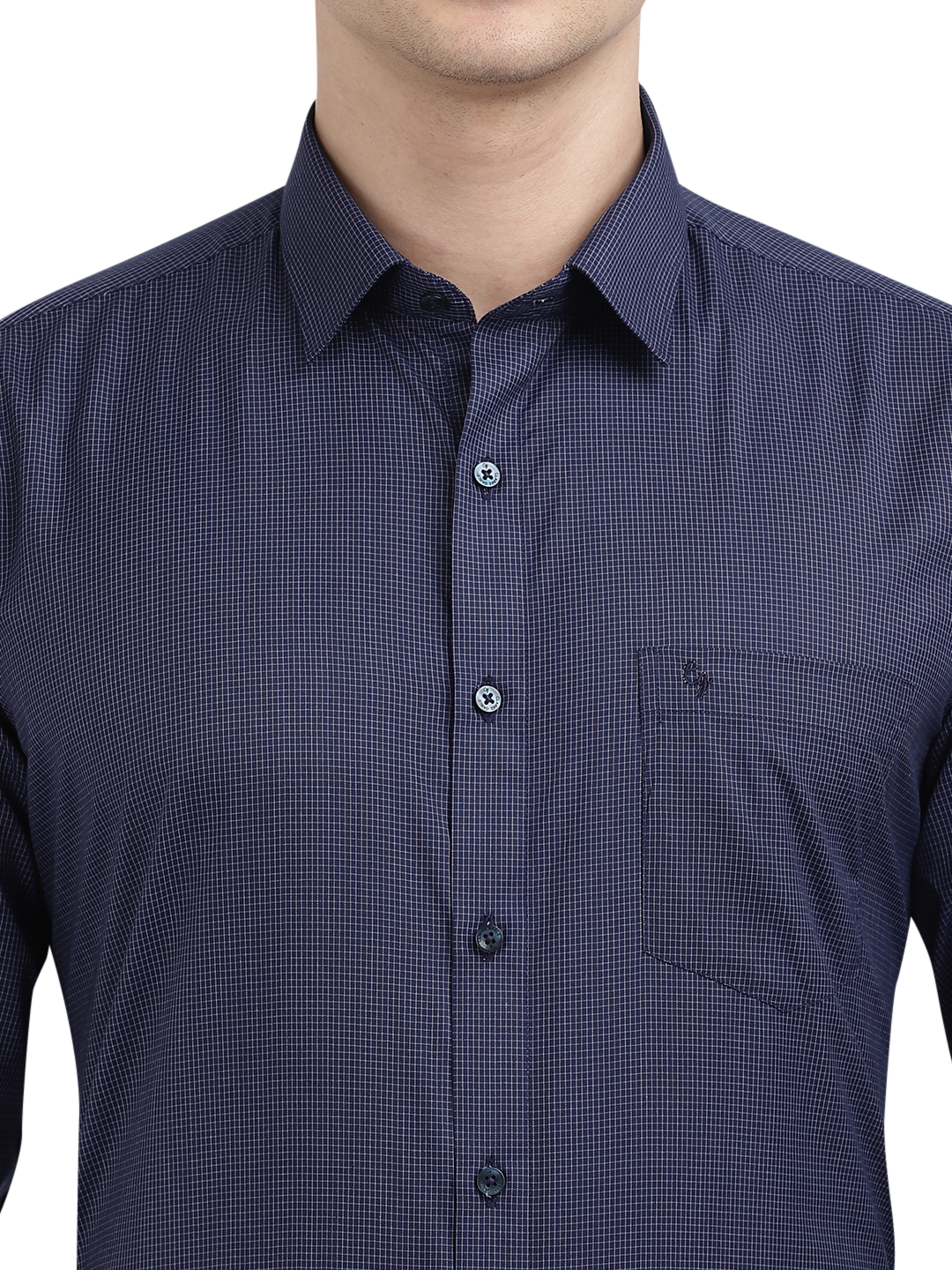 Model wearing Clarke Gable's Navy Blue With White Checked Formal Shirt in a casual setting