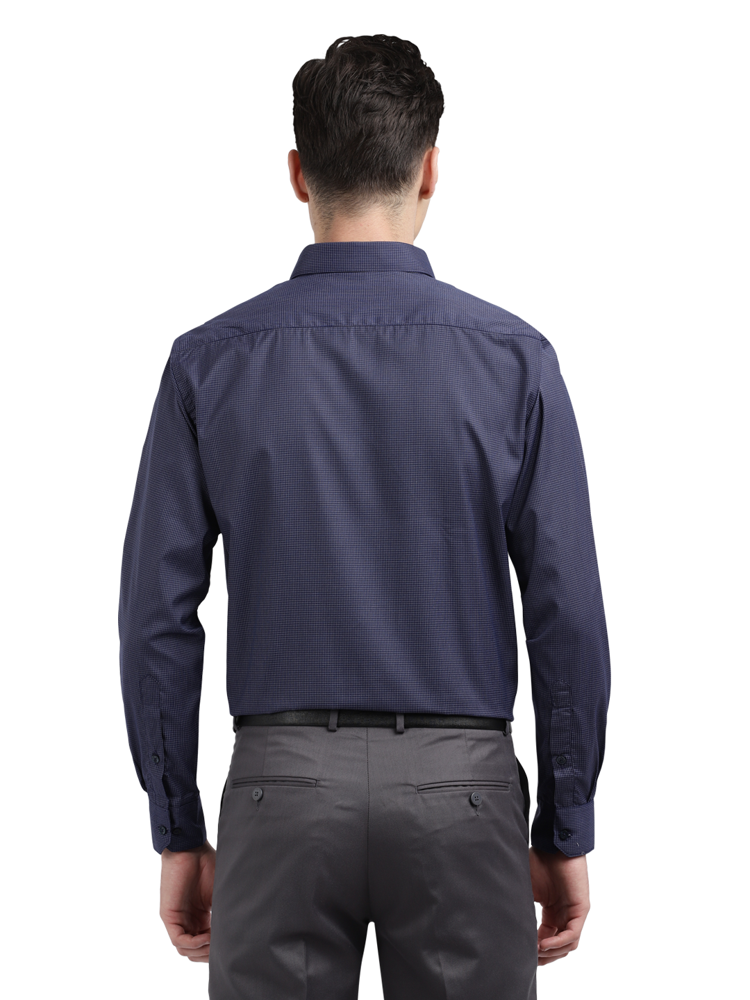 Model wearing Clarke Gable's Navy Blue With White Checked Formal Shirt in a casual setting