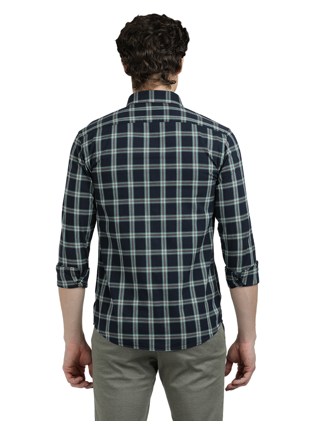 Model wearing Clarke Gable's Navy Blue With White Checked Semi Casual Shirt in a casual setting