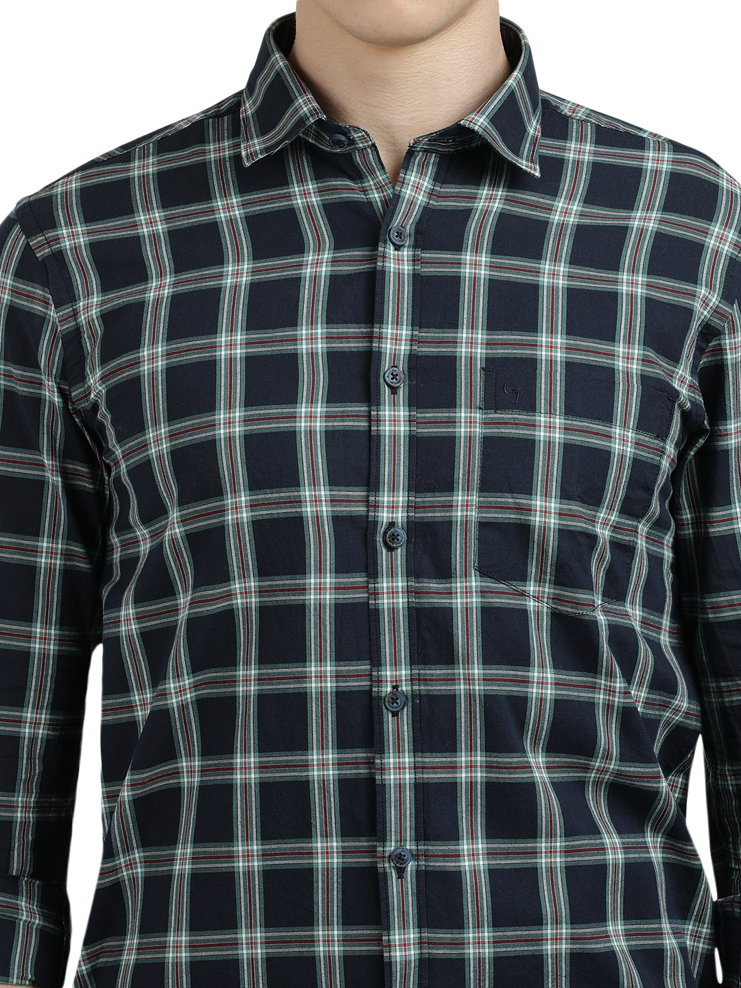 Model wearing Clarke Gable's Navy Blue With White Checked Semi Casual Shirt in a casual setting