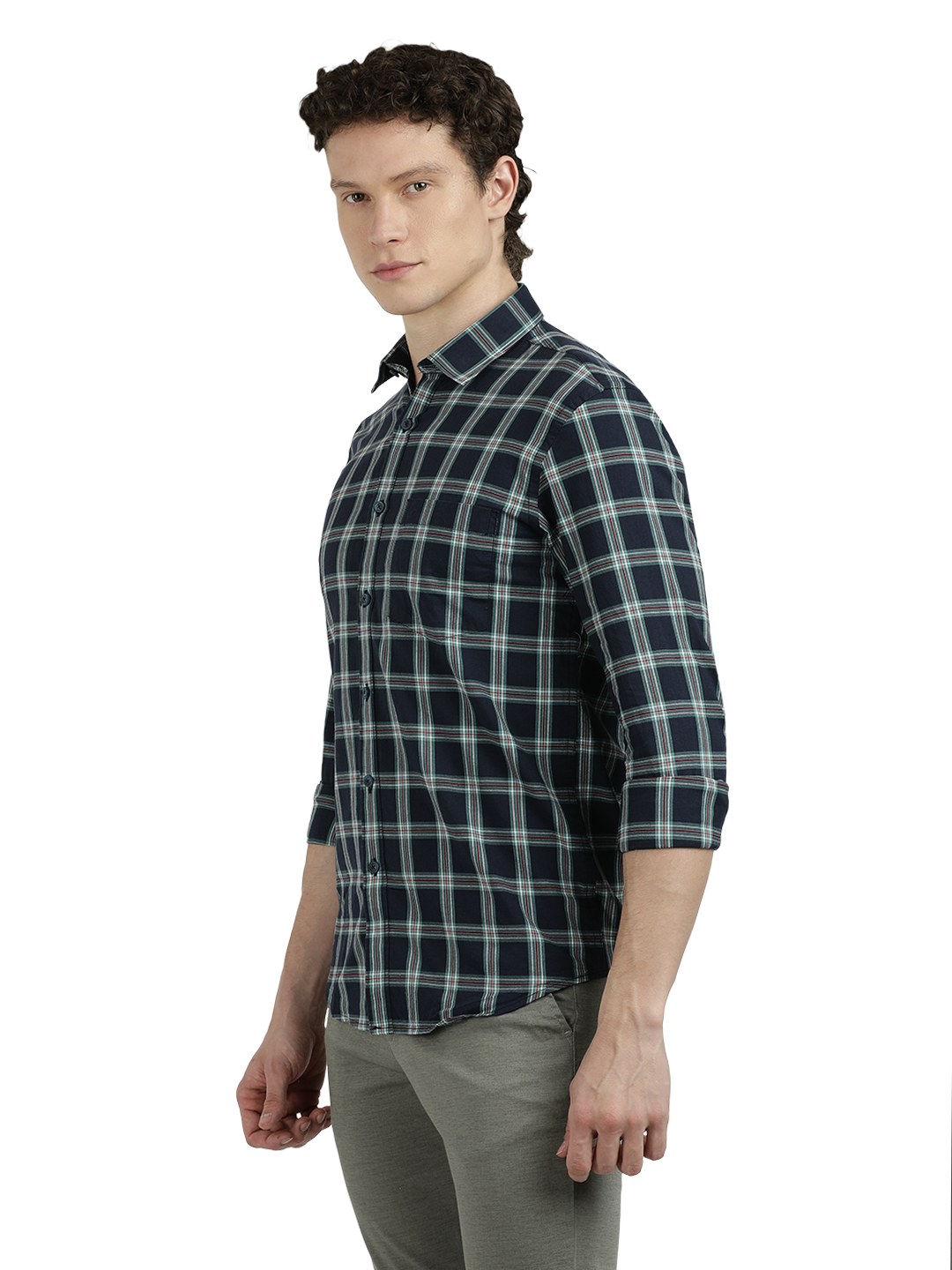 Model wearing Clarke Gable's Navy Blue With White Checked Semi Casual Shirt in a casual setting