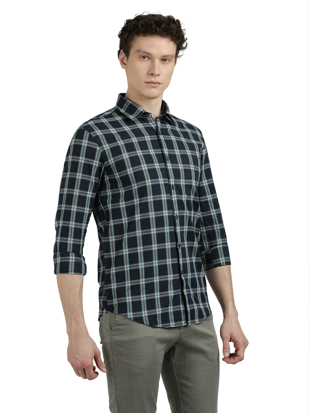 Model wearing Clarke Gable's Navy Blue With White Checked Semi Casual Shirt in a casual setting