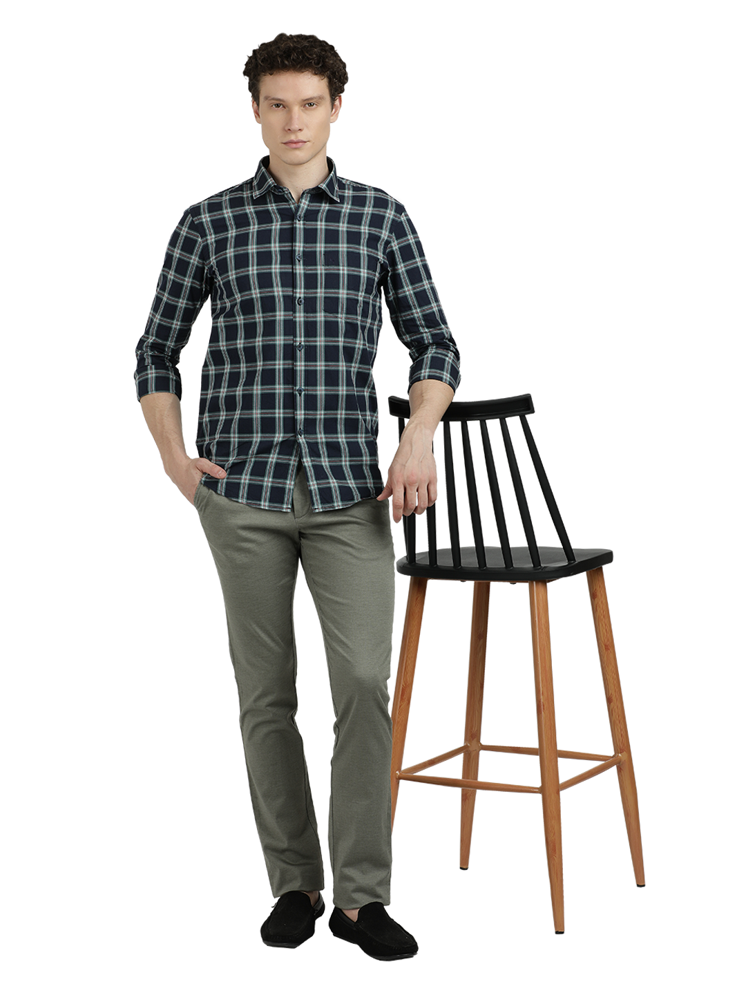 Model wearing Clarke Gable's Navy Blue With White Checked Semi Casual Shirt in a casual setting