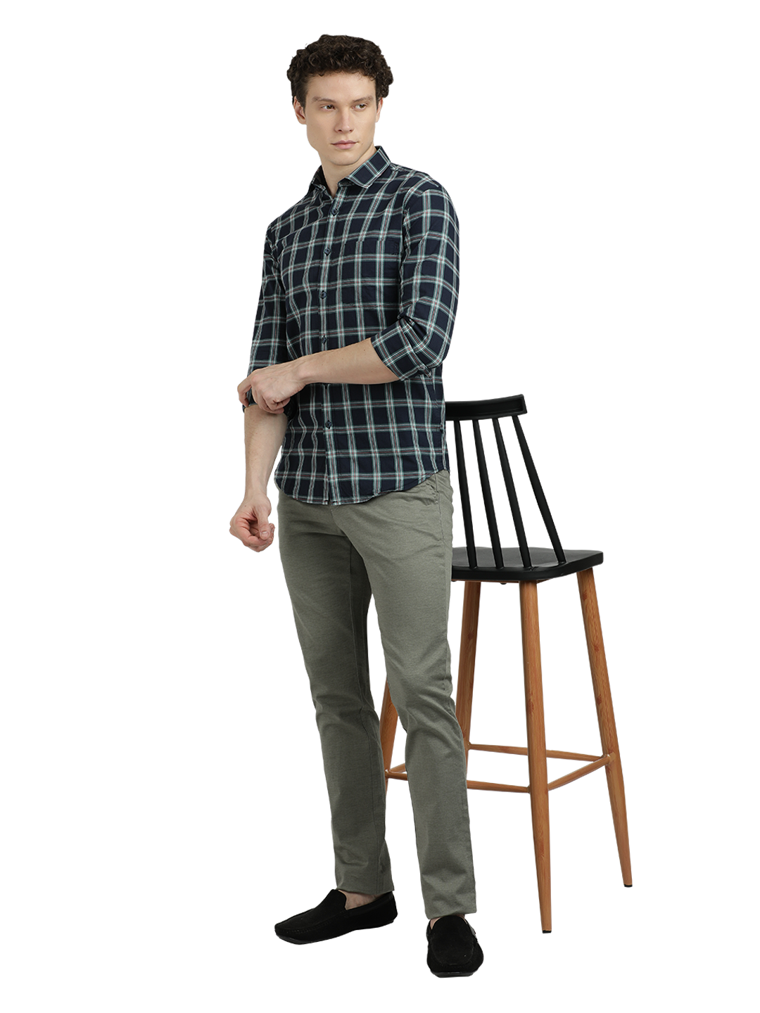 Model wearing Clarke Gable's Navy Blue With White Checked Semi Casual Shirt in a casual setting