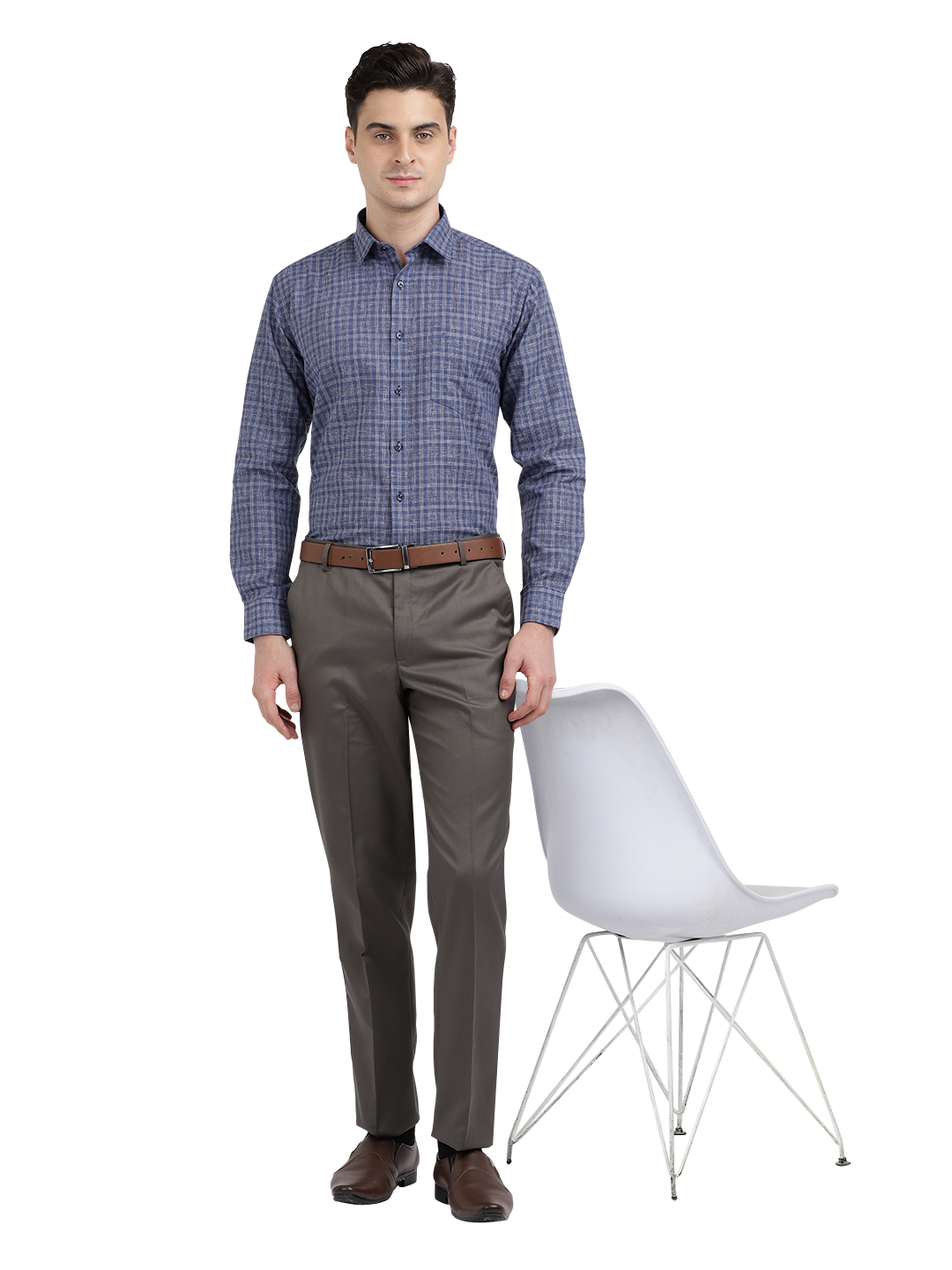 Model wearing Clarke Gable's Navy Checked Formal Shirt in a casual setting