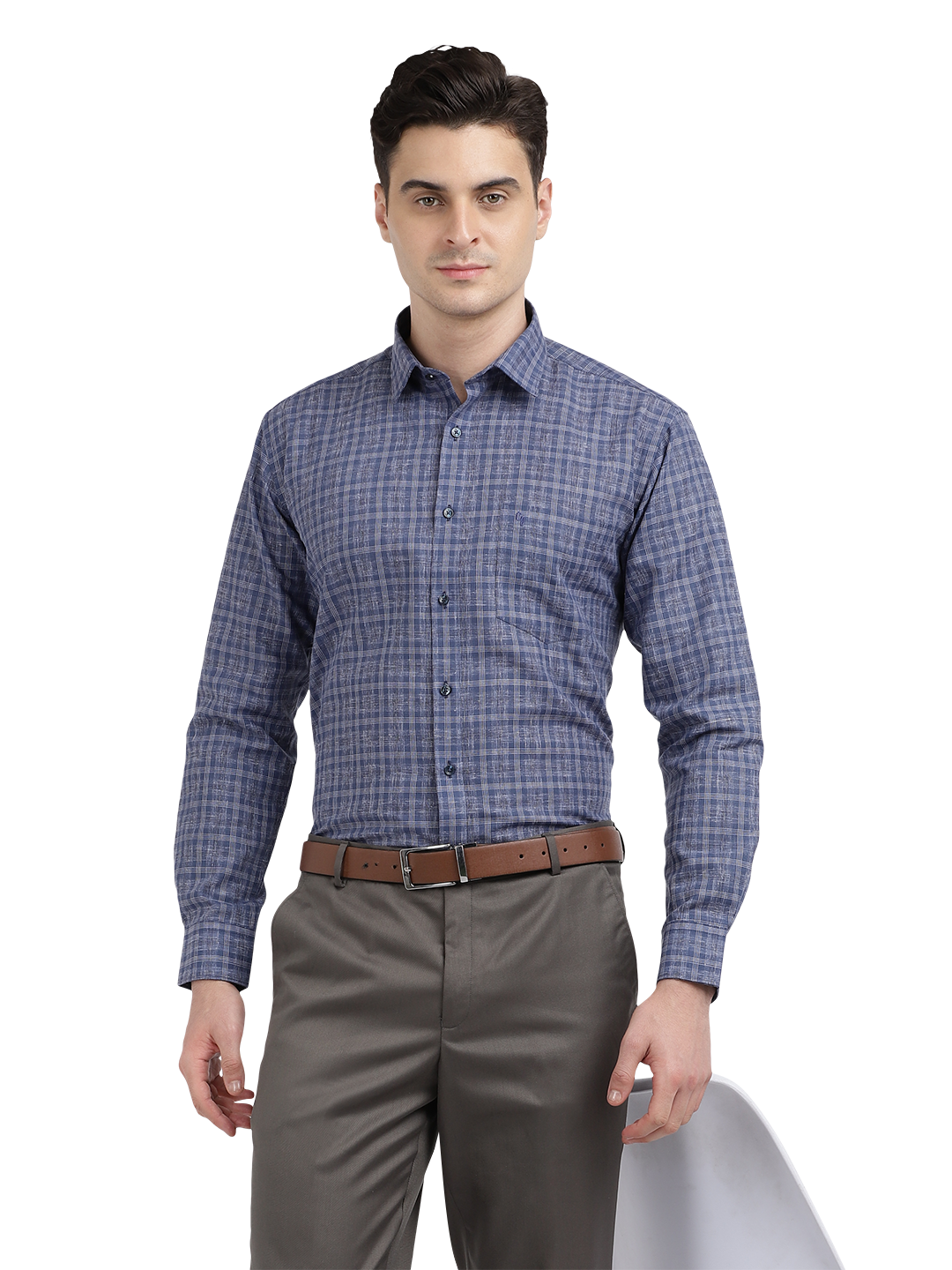 Model wearing Clarke Gable's Navy Checked Formal Shirt in a casual setting
