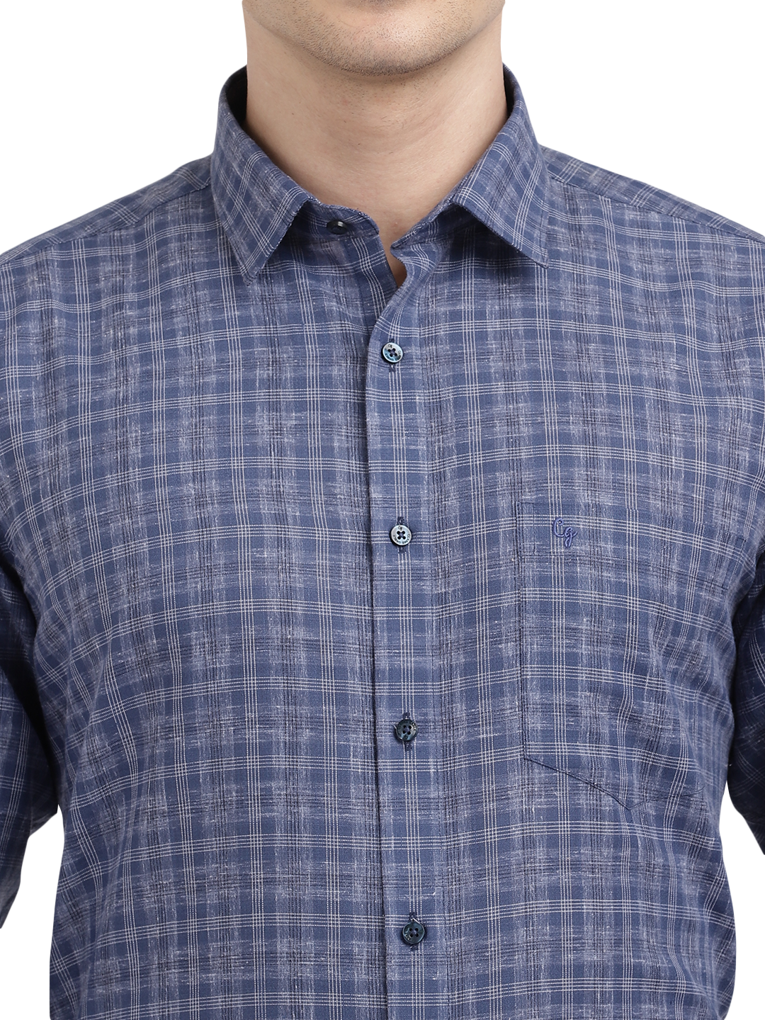 Model wearing Clarke Gable's Navy Checked Formal Shirt in a casual setting