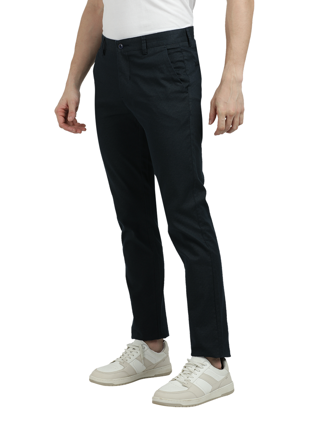 Model wearing Clarke Gable's Navy Custom Fit Trousers in a casual setting