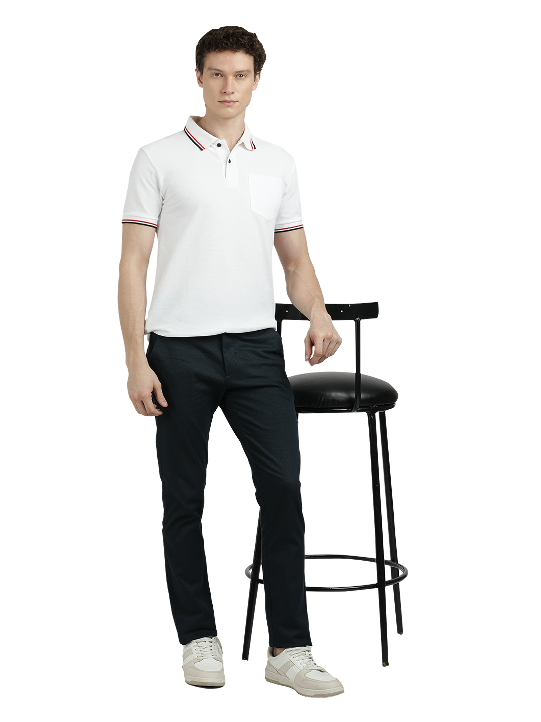 Model wearing Clarke Gable's Navy Custom Fit Trousers in a casual setting