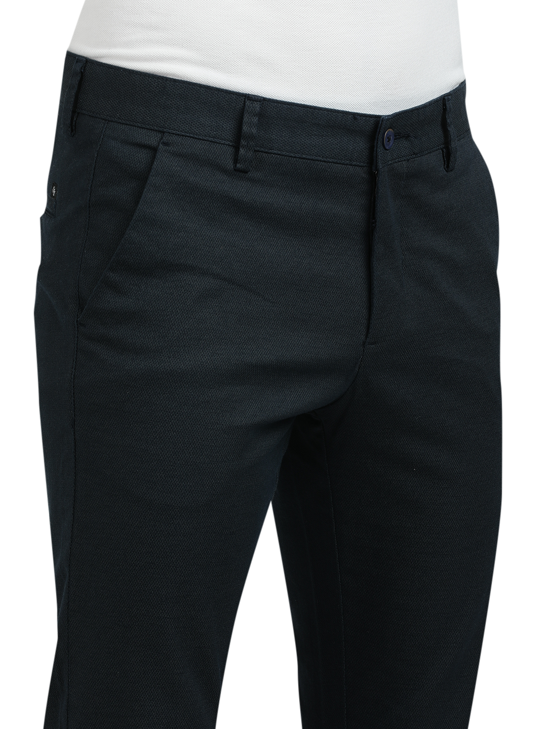 Model wearing Clarke Gable's Navy Custom Fit Trousers in a casual setting