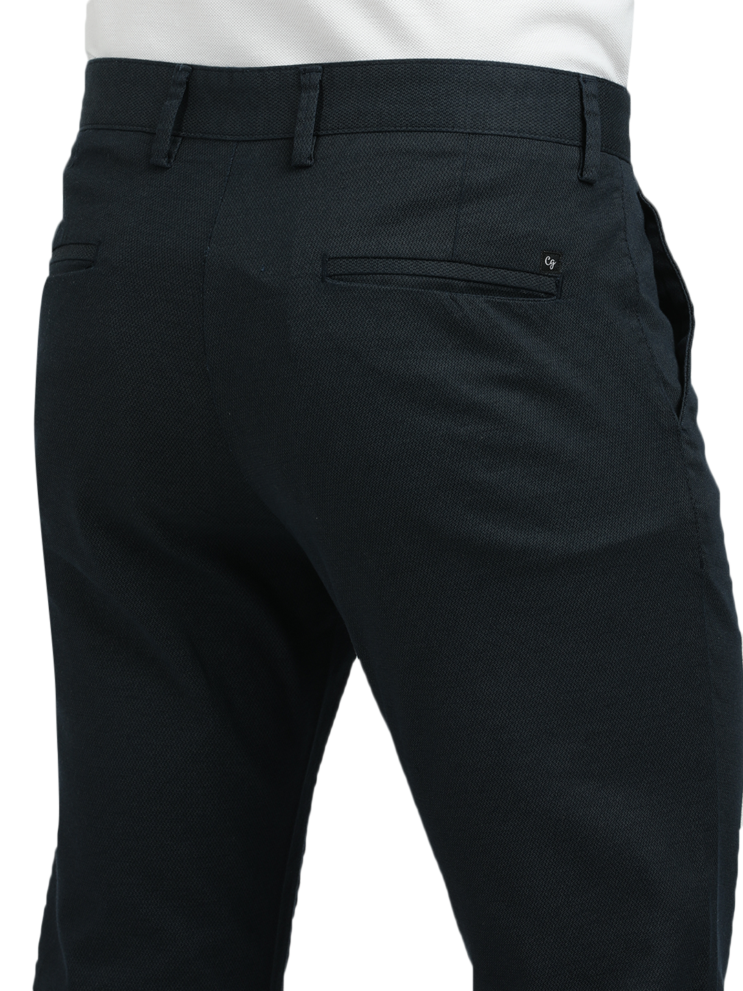 Model wearing Clarke Gable's Navy Custom Fit Trousers in a casual setting