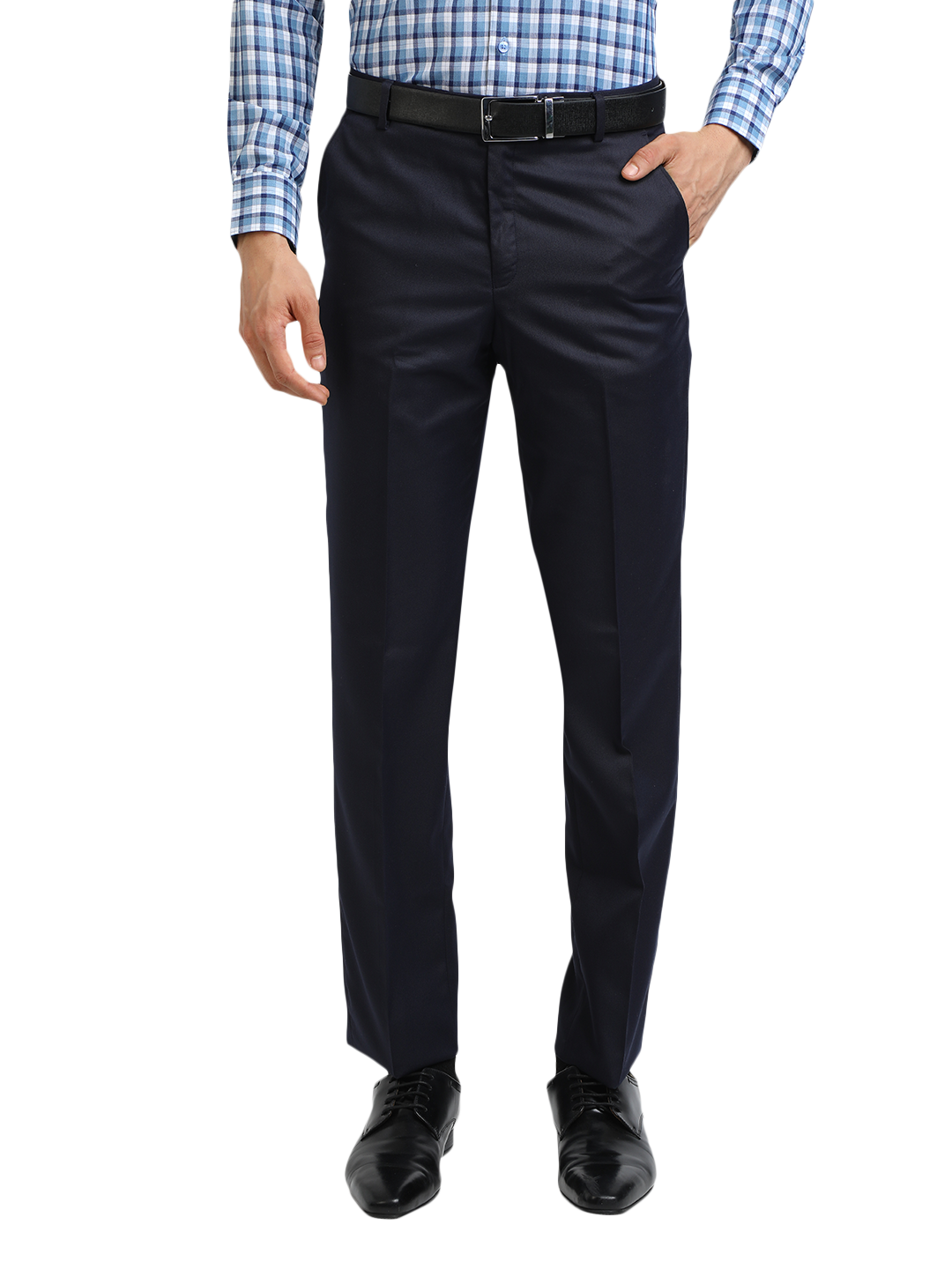 Model wearing Clarke Gable's Navy Smart Fit Trousers in a casual setting