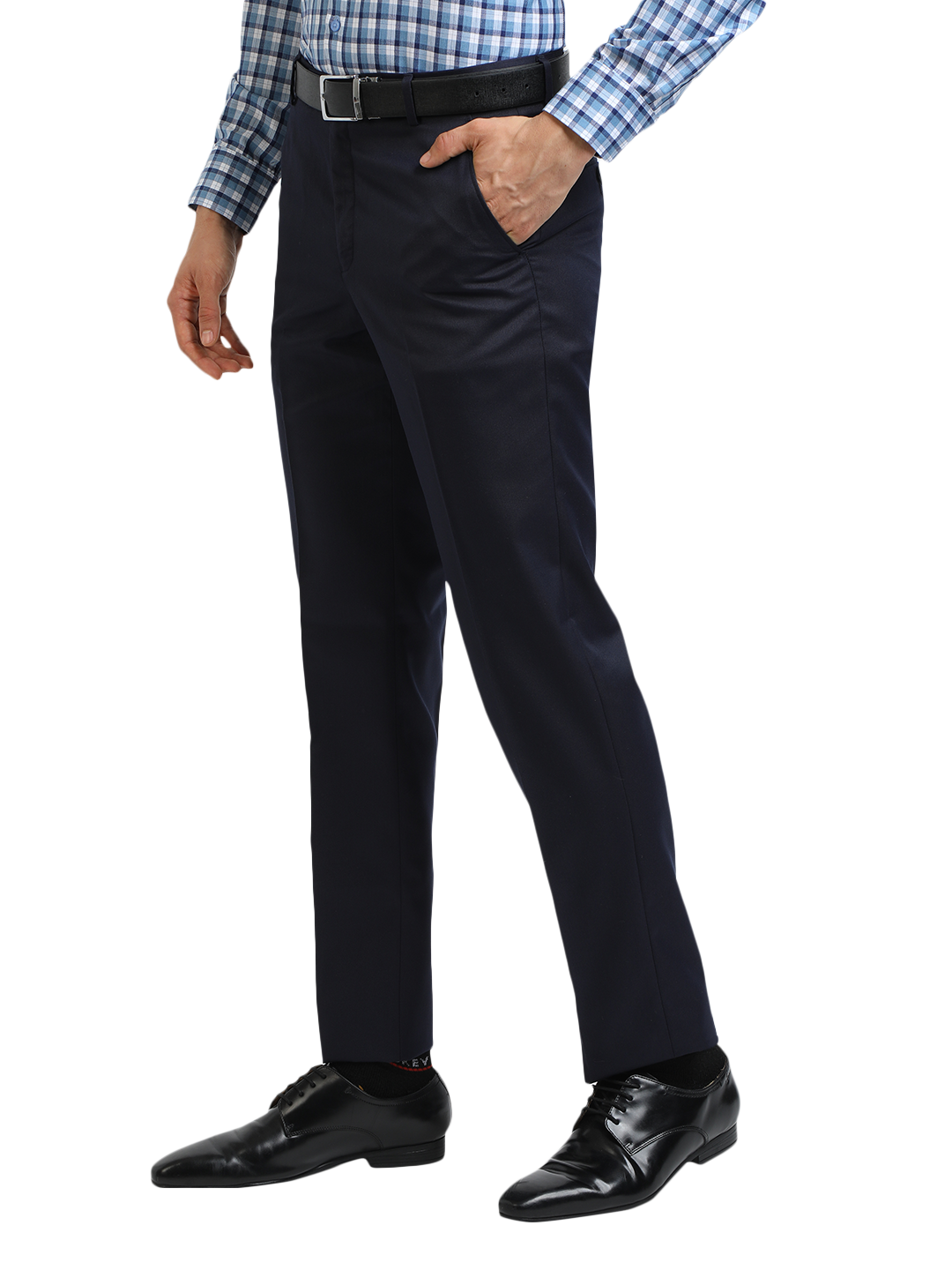 Model wearing Clarke Gable's Navy Smart Fit Trousers in a casual setting