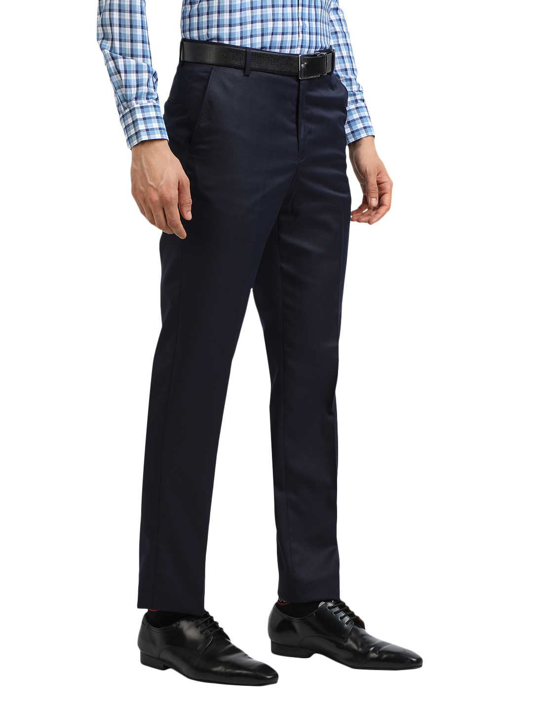 Model wearing Clarke Gable's Navy Smart Fit Trousers in a casual setting