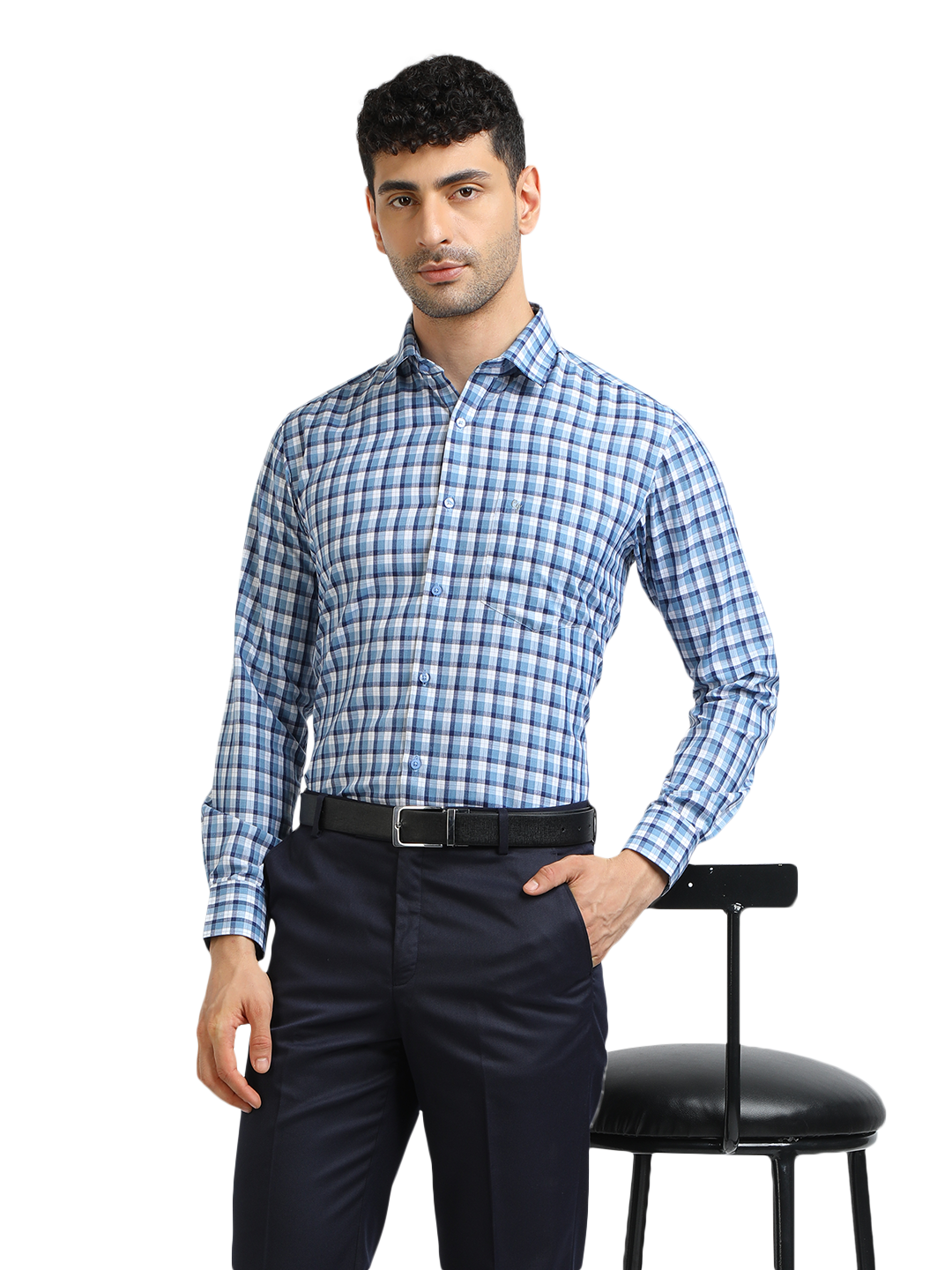 Model wearing Clarke Gable's Navy Smart Fit Trousers in a casual setting