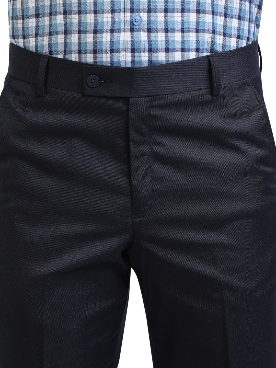 Model wearing Clarke Gable's Navy Smart Fit Trousers in a casual setting