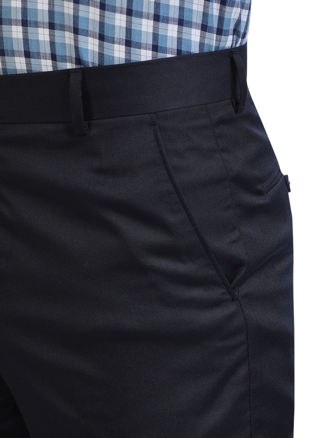 Model wearing Clarke Gable's Navy Smart Fit Trousers in a casual setting