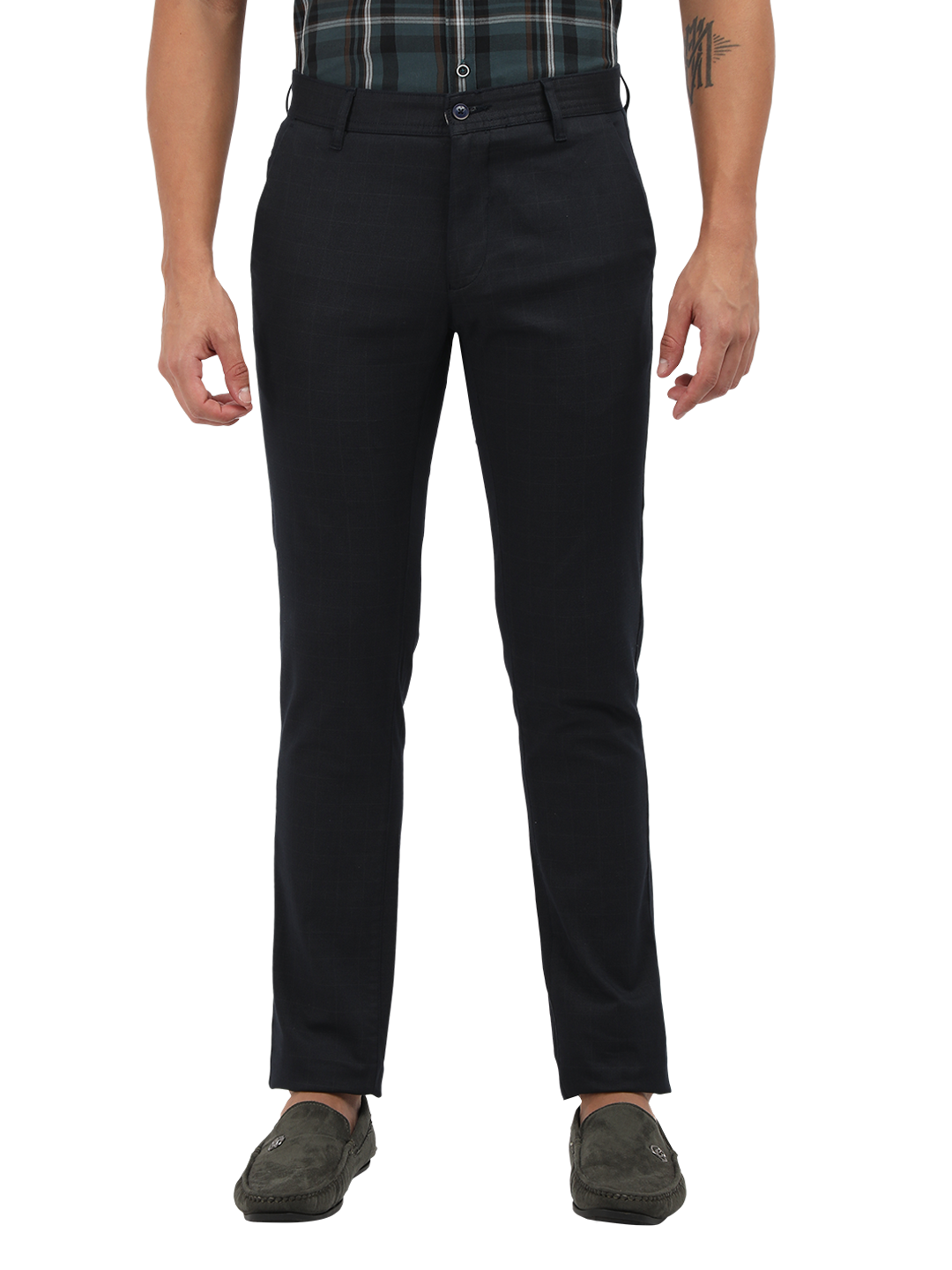 Model wearing Clarke Gable's Navy Trim Fit Trousers in a casual setting