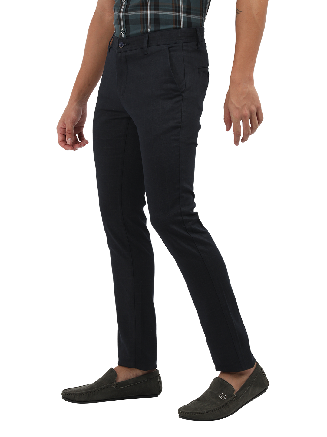 Model wearing Clarke Gable's Navy Trim Fit Trousers in a casual setting