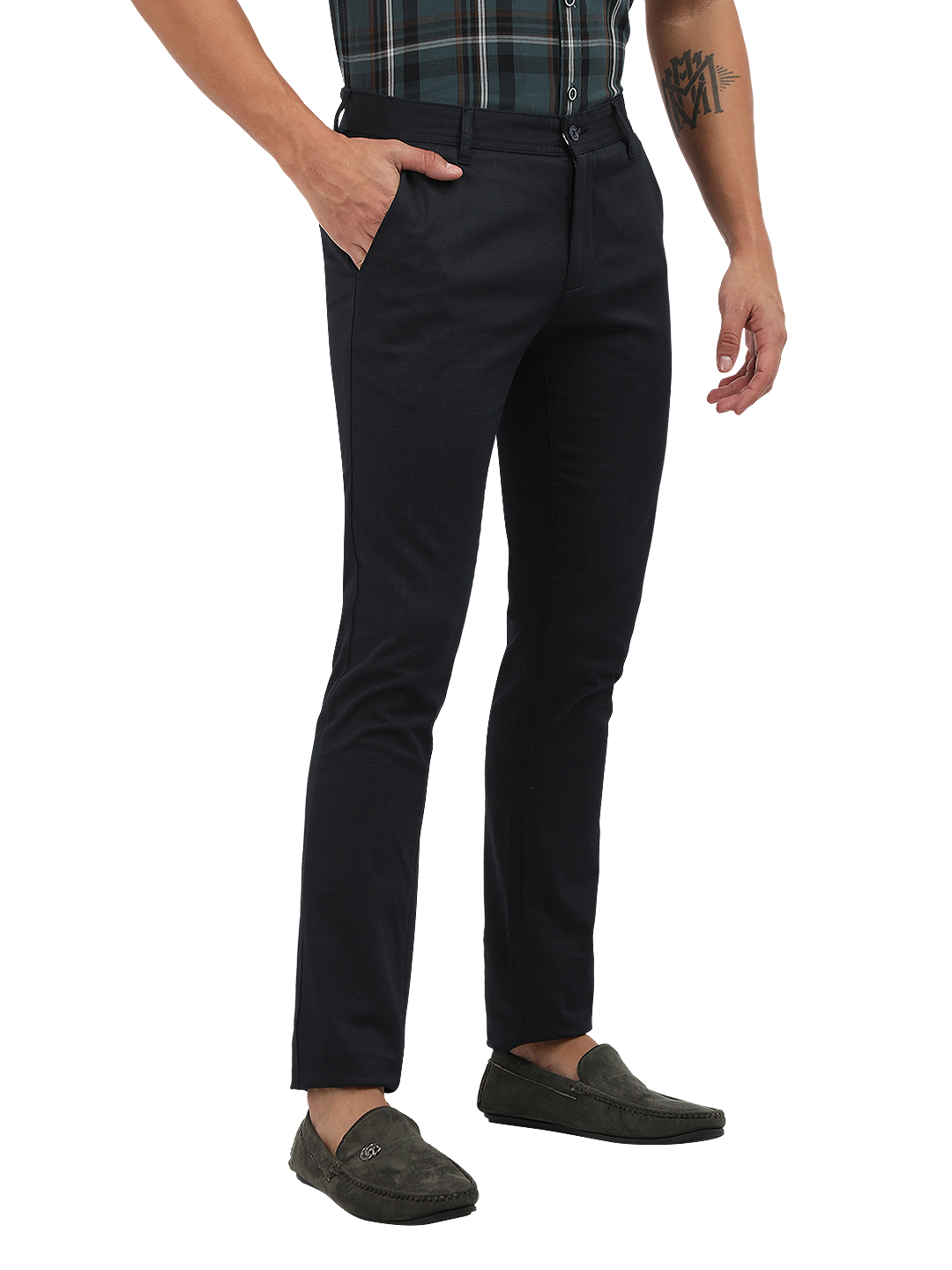 Model wearing Clarke Gable's Navy Trim Fit Trousers in a casual setting