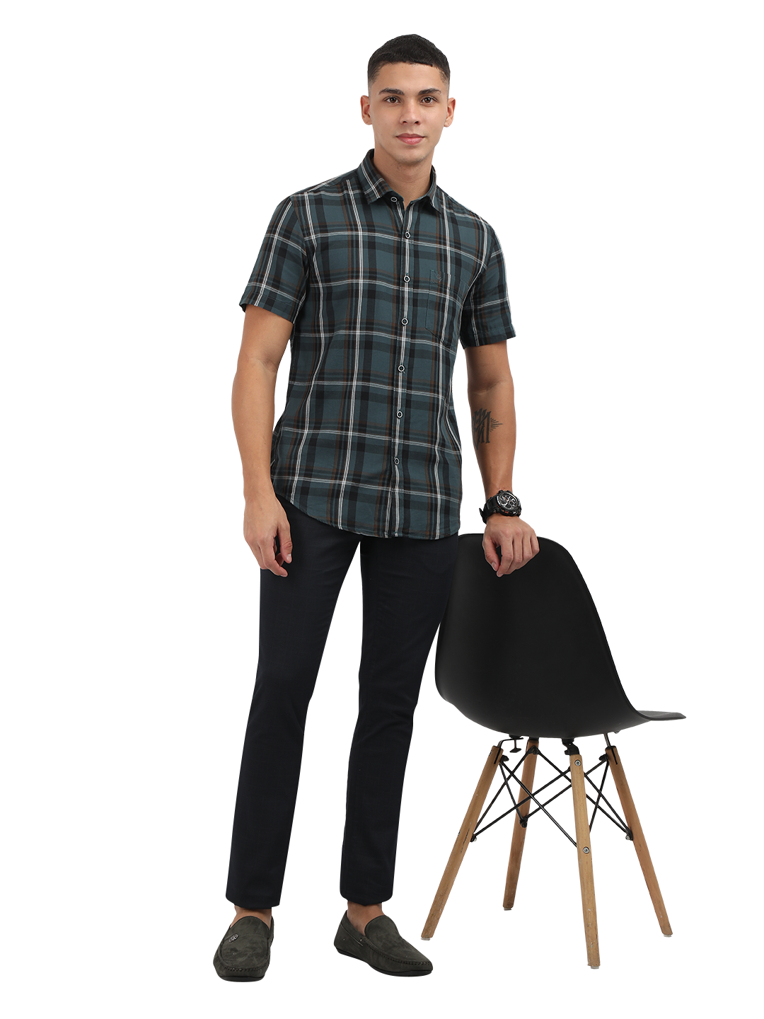 Model wearing Clarke Gable's Navy Trim Fit Trousers in a casual setting