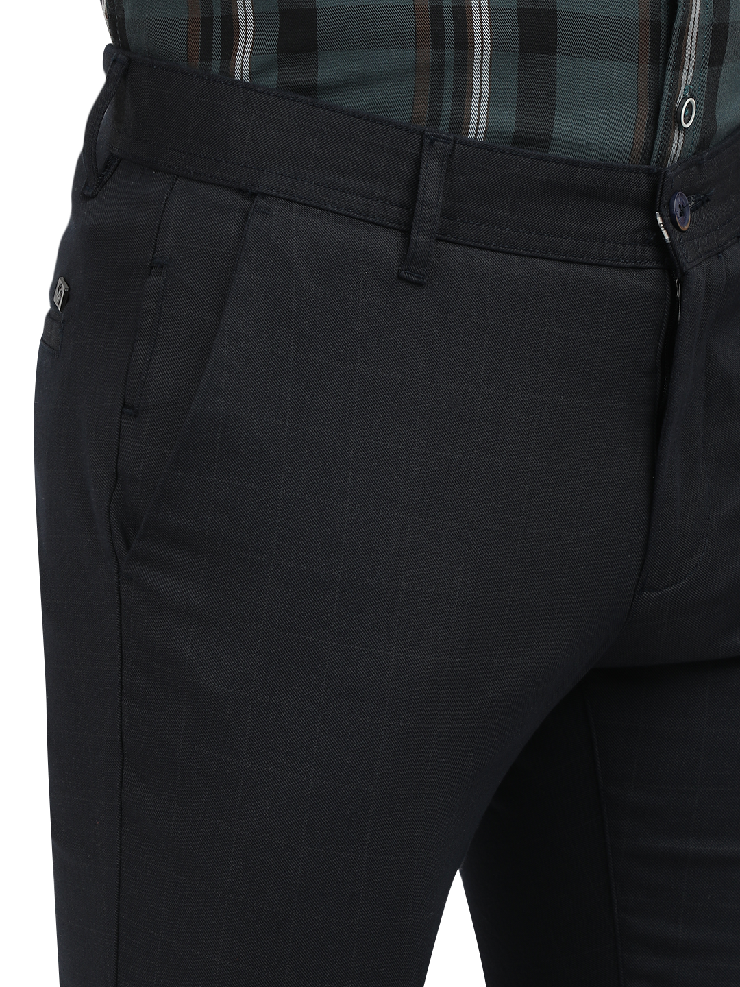 Model wearing Clarke Gable's Navy Trim Fit Trousers in a casual setting