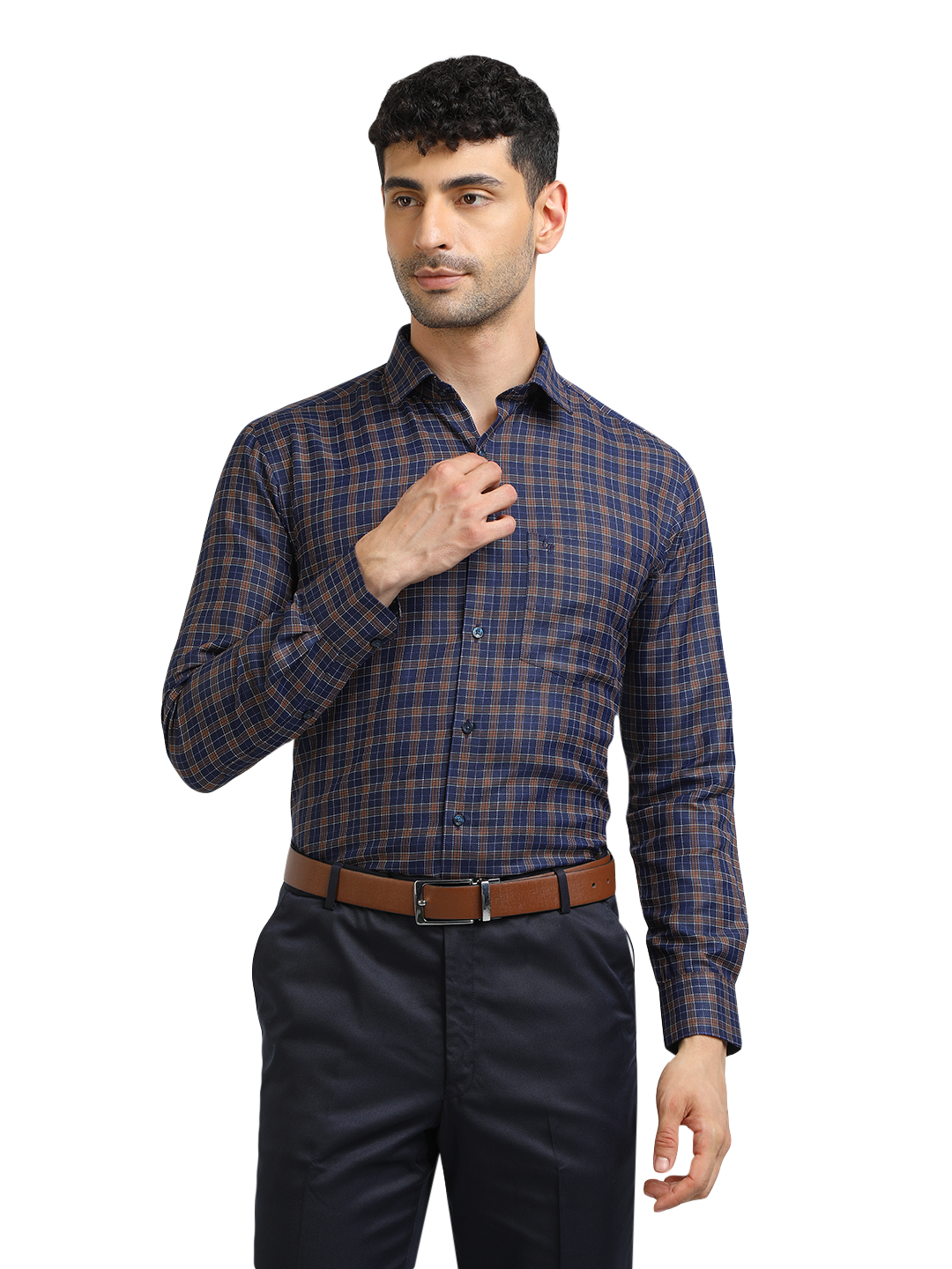 Model wearing Clarke Gable's Navy With Brown Checked Formal Shirt in a casual setting