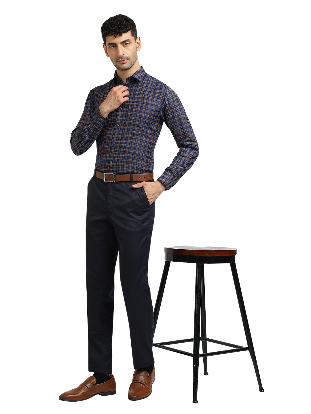 Model wearing Clarke Gable's Navy With Brown Checked Formal Shirt in a casual setting