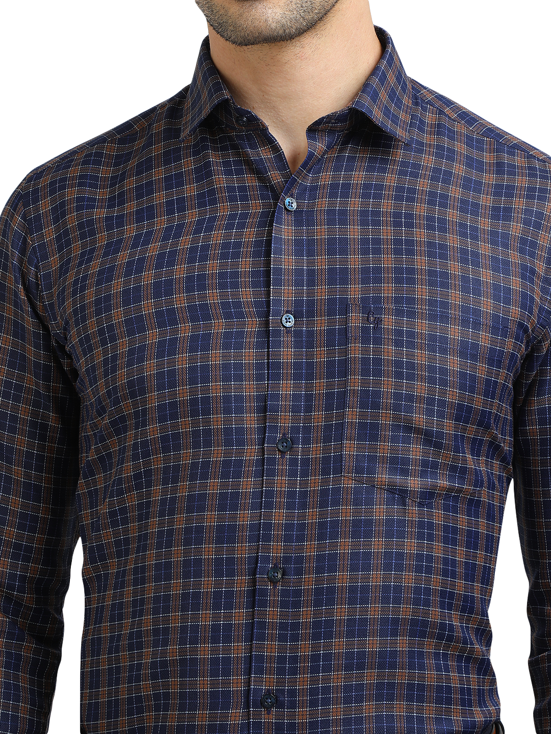 Model wearing Clarke Gable's Navy With Brown Checked Formal Shirt in a casual setting
