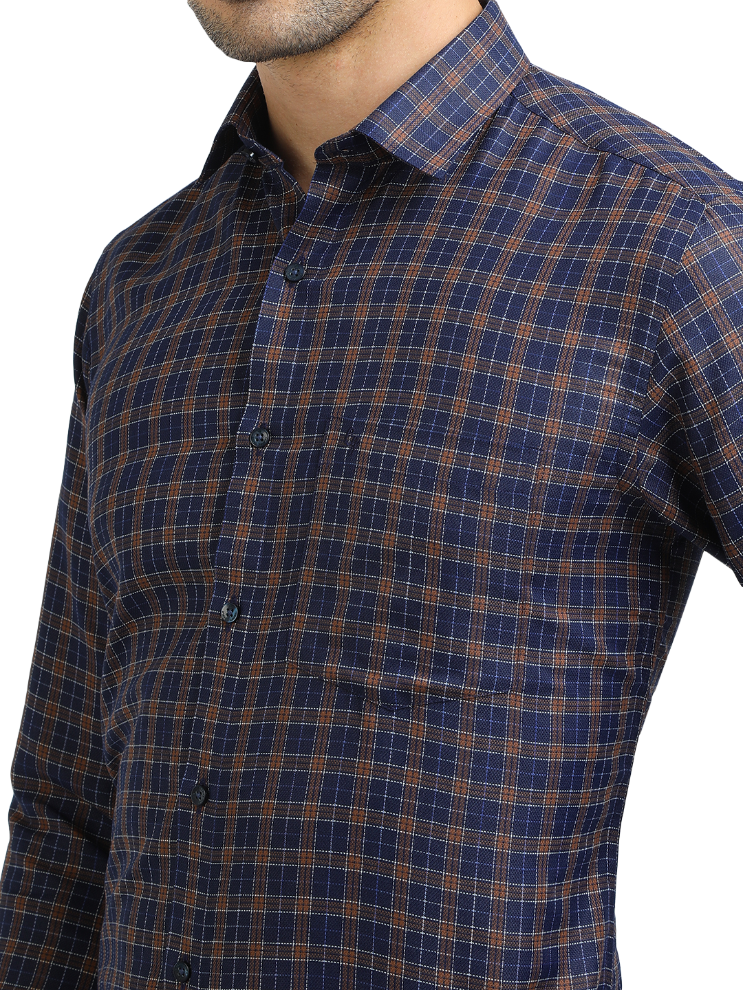 Model wearing Clarke Gable's Navy With Brown Checked Formal Shirt in a casual setting