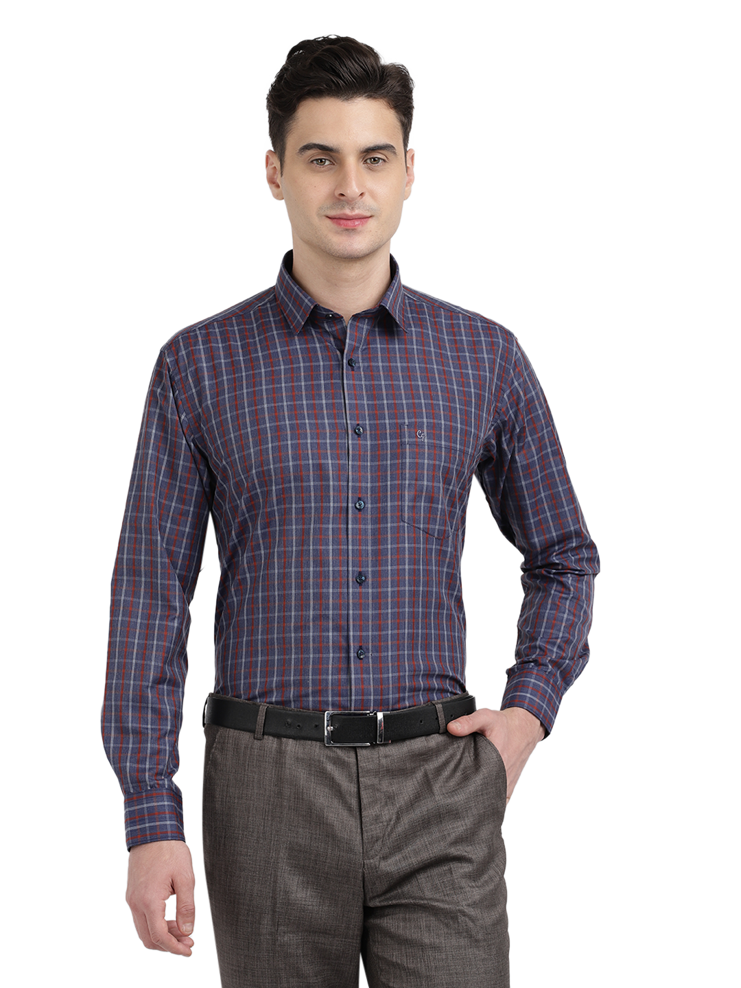 Model wearing Clarke Gable's Navy With Red Checked Formal Shirt in a casual setting