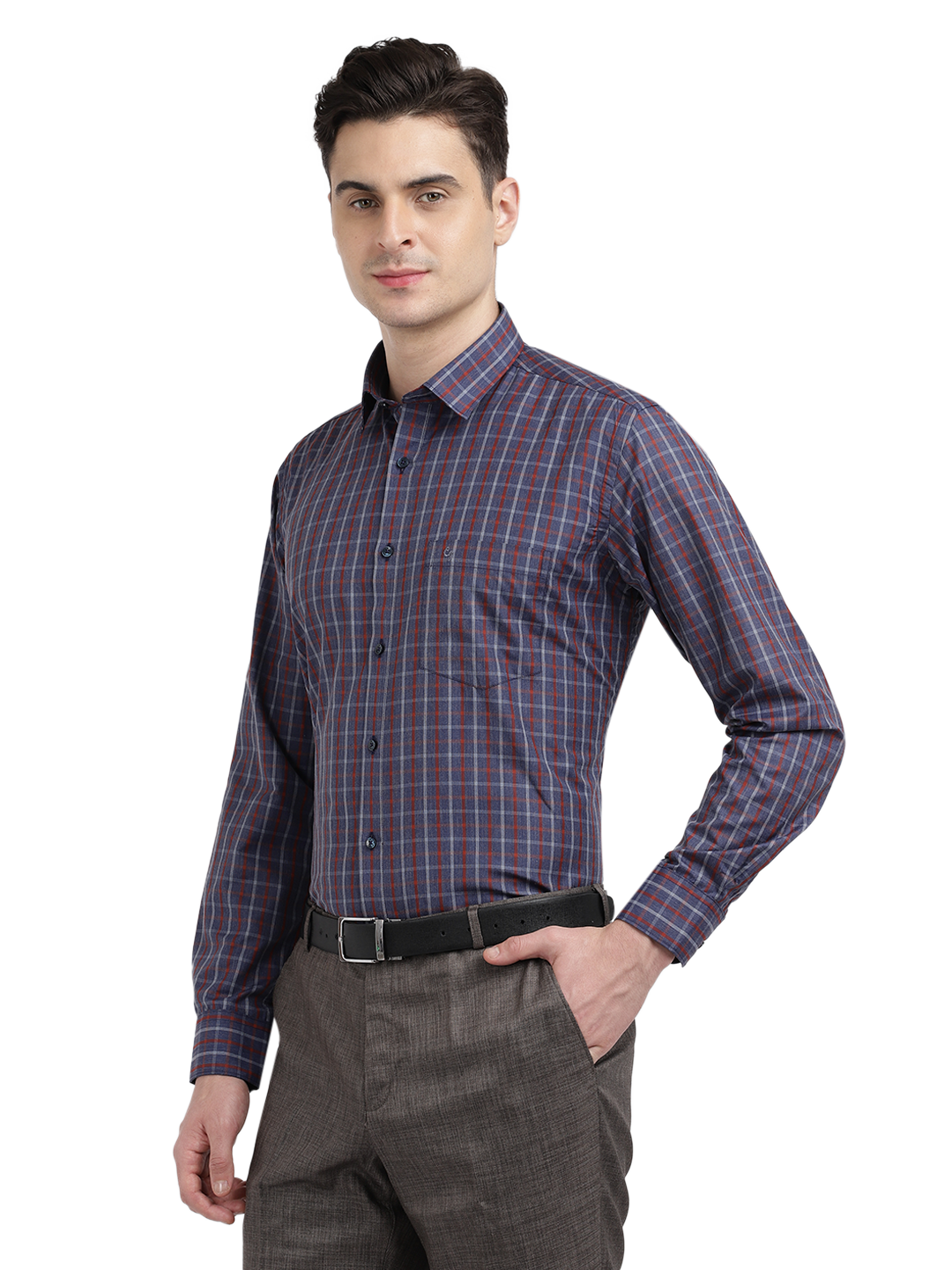 Model wearing Clarke Gable's Navy With Red Checked Formal Shirt in a casual setting