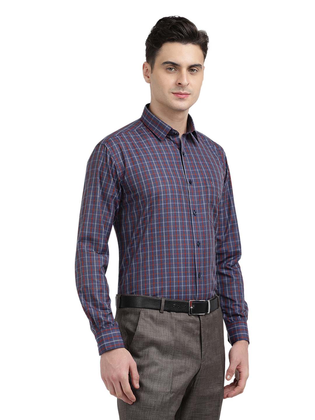 Model wearing Clarke Gable's Navy With Red Checked Formal Shirt in a casual setting