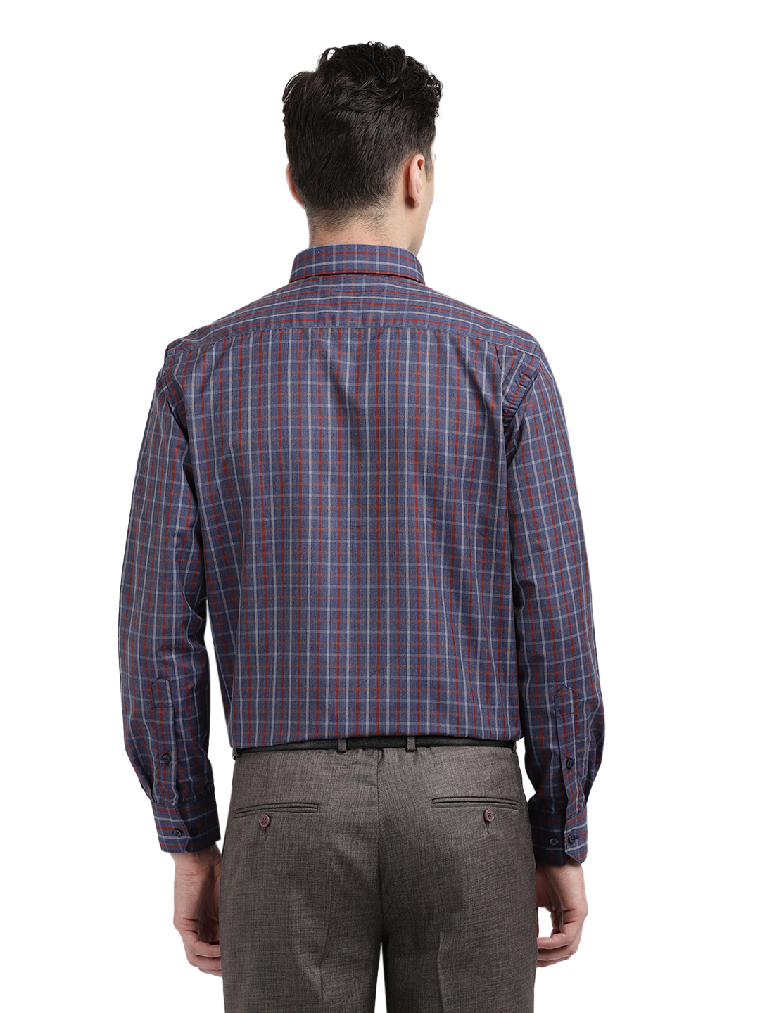 Model wearing Clarke Gable's Navy With Red Checked Formal Shirt in a casual setting