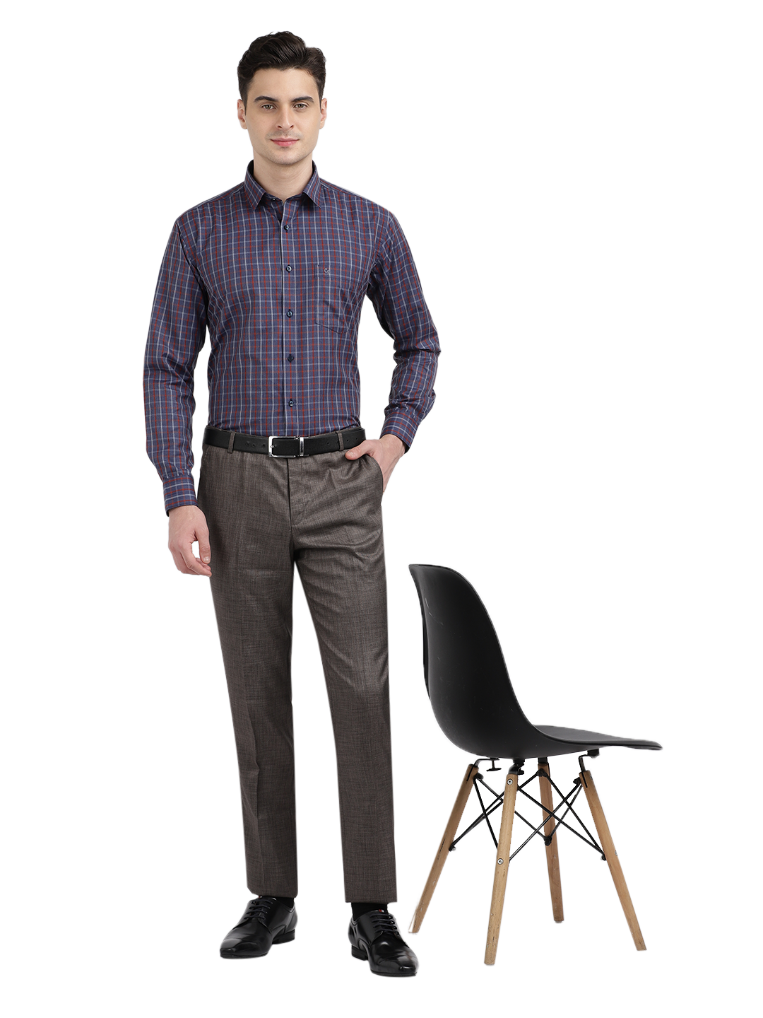 Model wearing Clarke Gable's Navy With Red Checked Formal Shirt in a casual setting