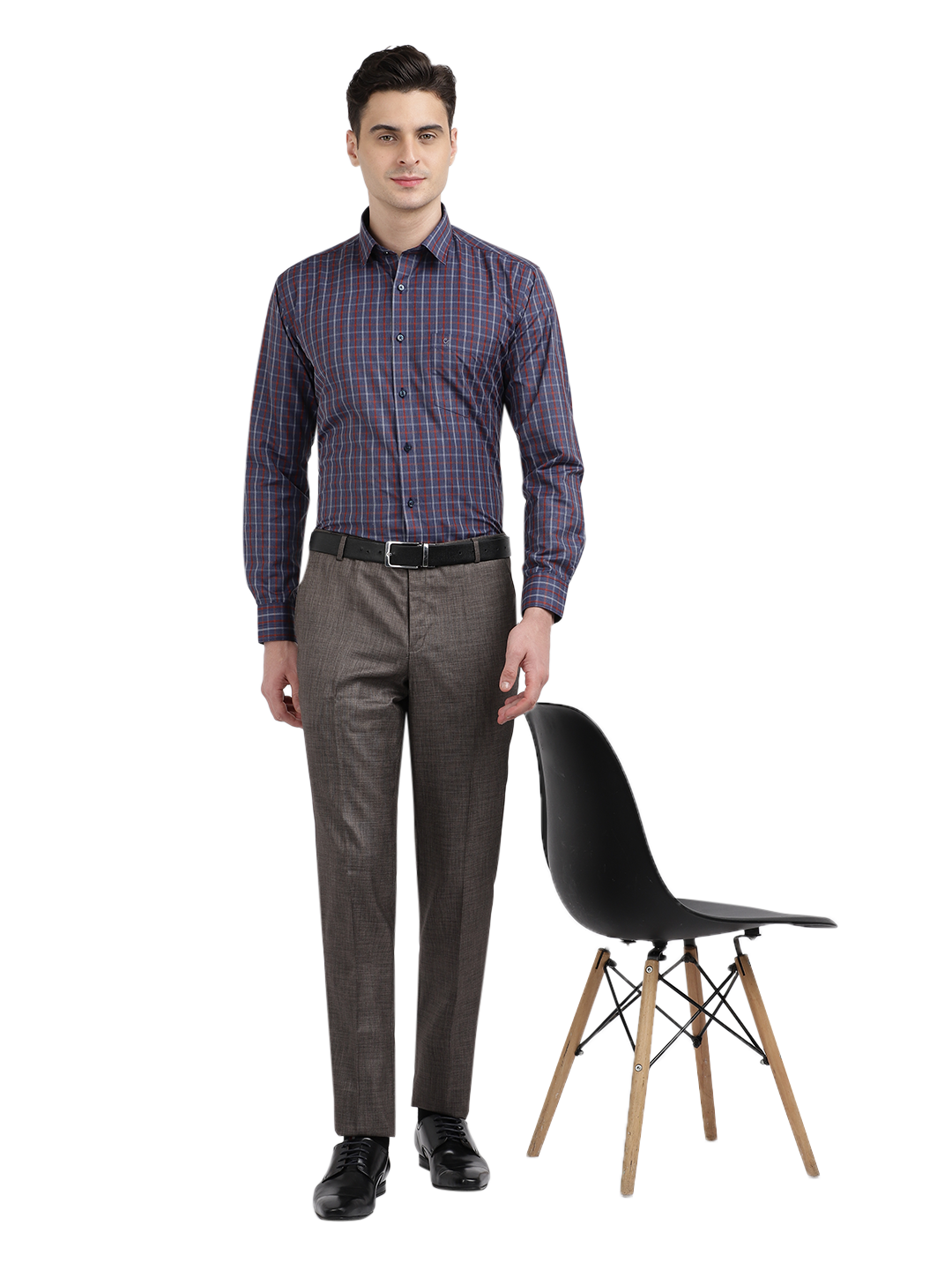 Model wearing Clarke Gable's Navy With Red Checked Formal Shirt in a casual setting