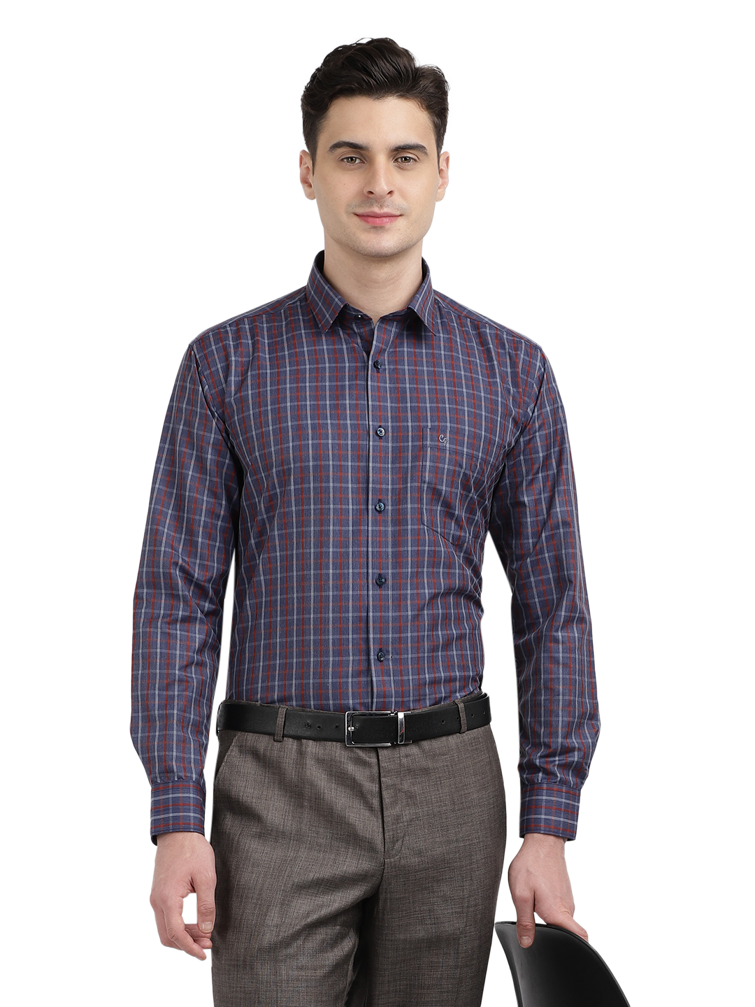 Model wearing Clarke Gable's Navy With Red Checked Formal Shirt in a casual setting