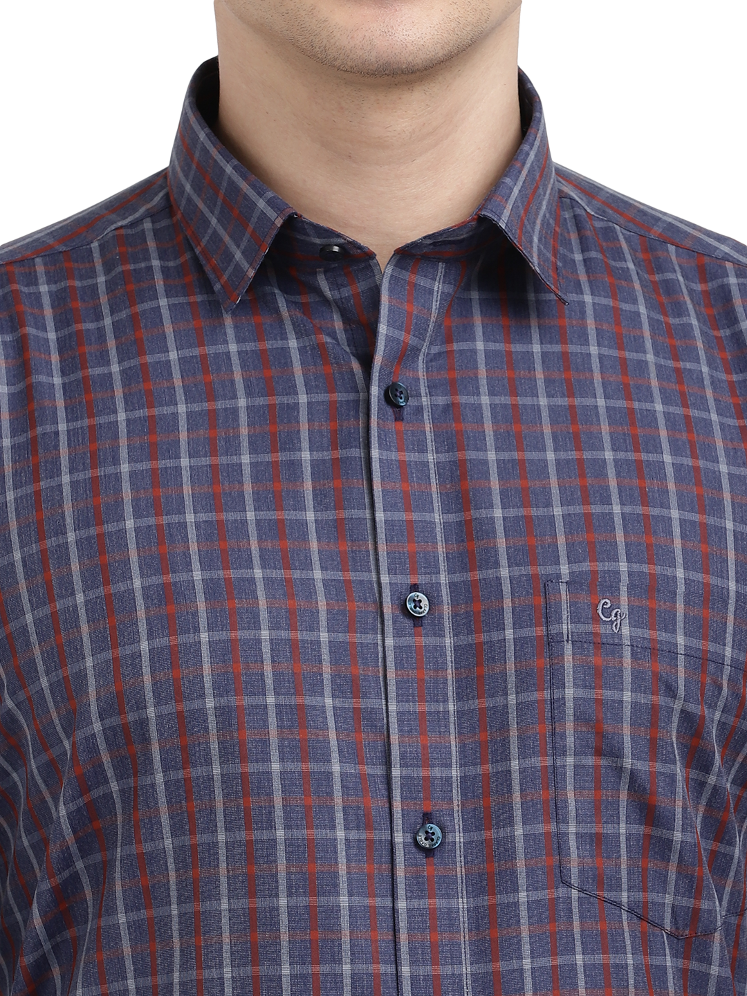 Model wearing Clarke Gable's Navy With Red Checked Formal Shirt in a casual setting