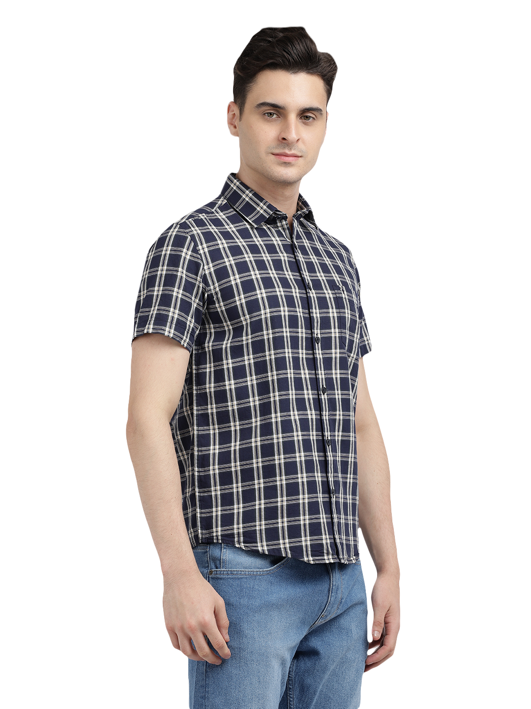 Model wearing Clarke Gable's Navy With White Checked Casual Shirt in a casual setting