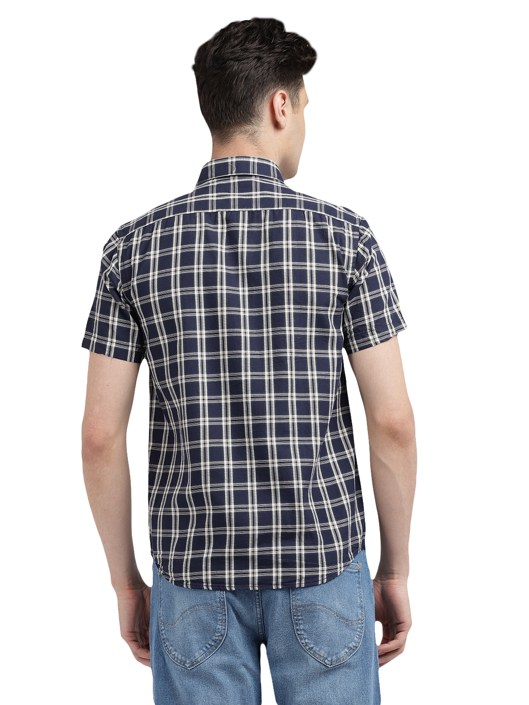 Model wearing Clarke Gable's Navy With White Checked Casual Shirt in a casual setting