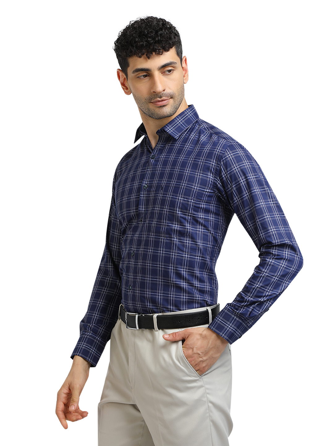Model wearing Clarke Gable's Navy With White Checked Formal Shirt in a casual setting