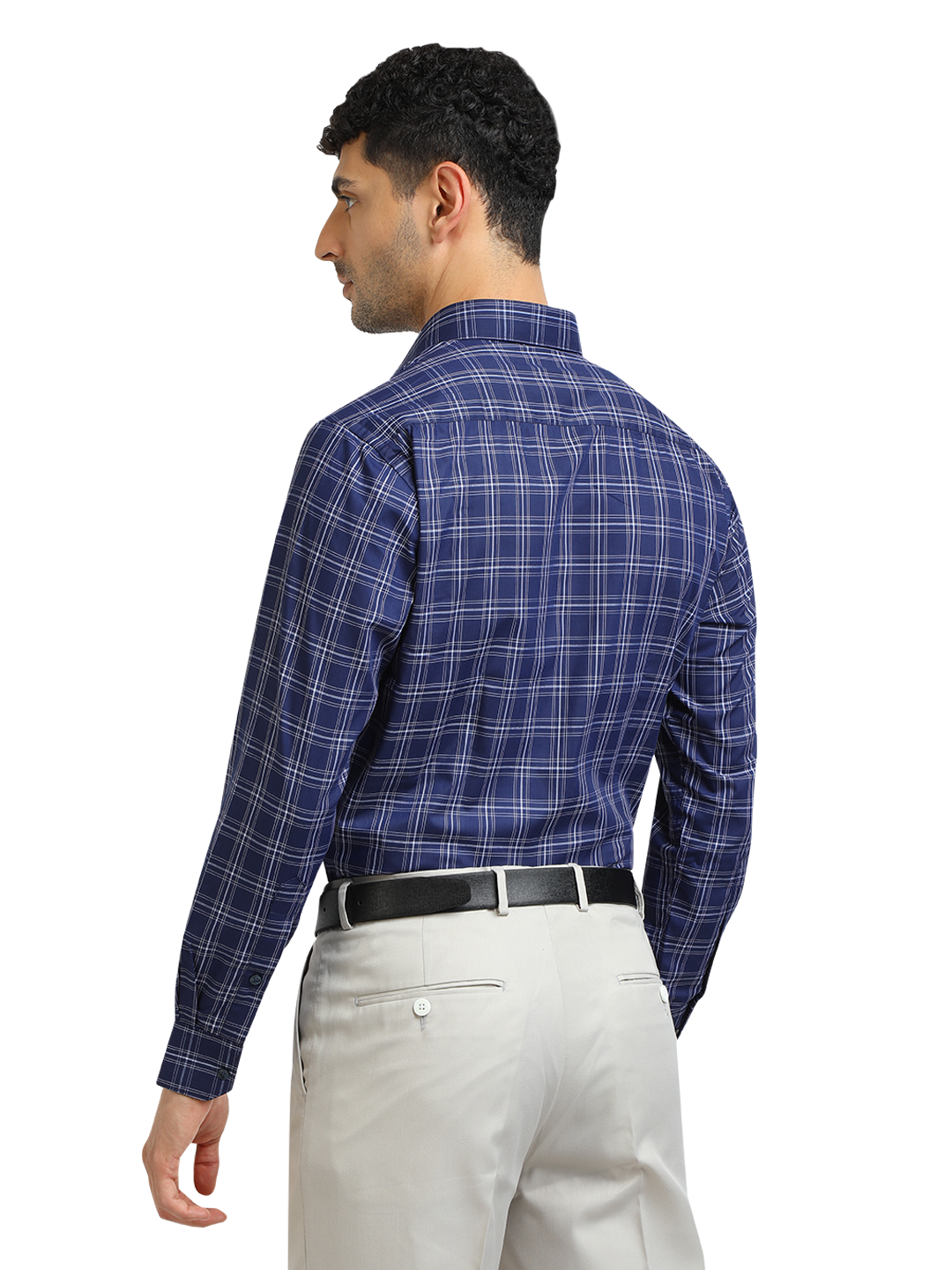 Model wearing Clarke Gable's Navy With White Checked Formal Shirt in a casual setting