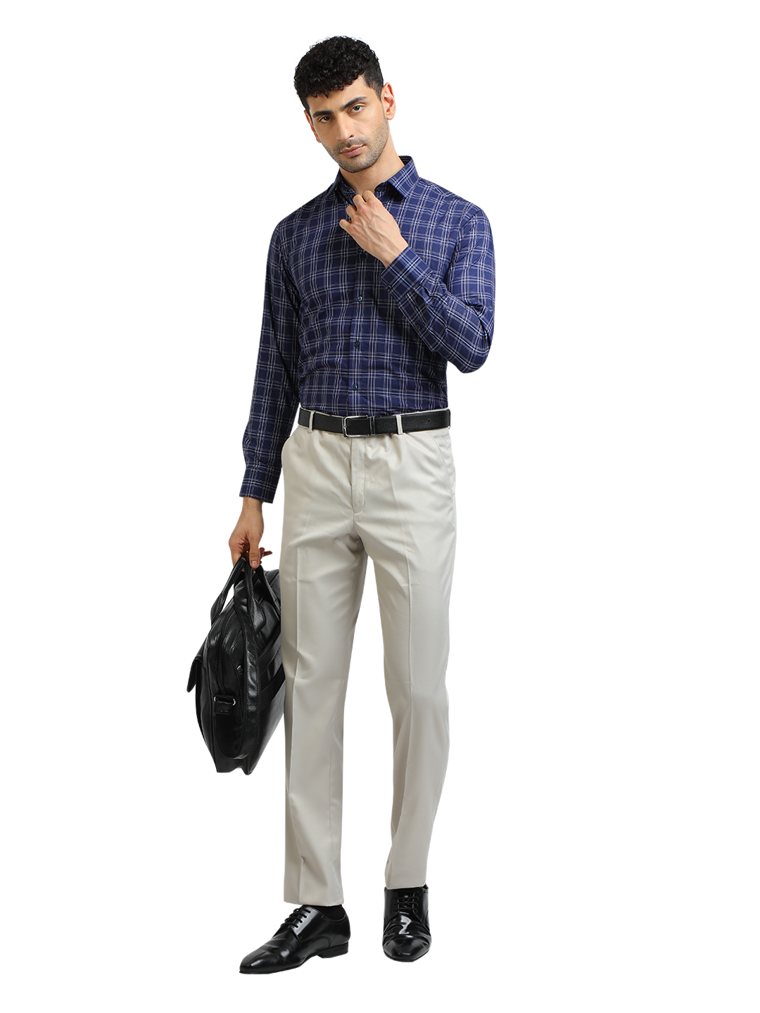 Model wearing Clarke Gable's Navy With White Checked Formal Shirt in a casual setting