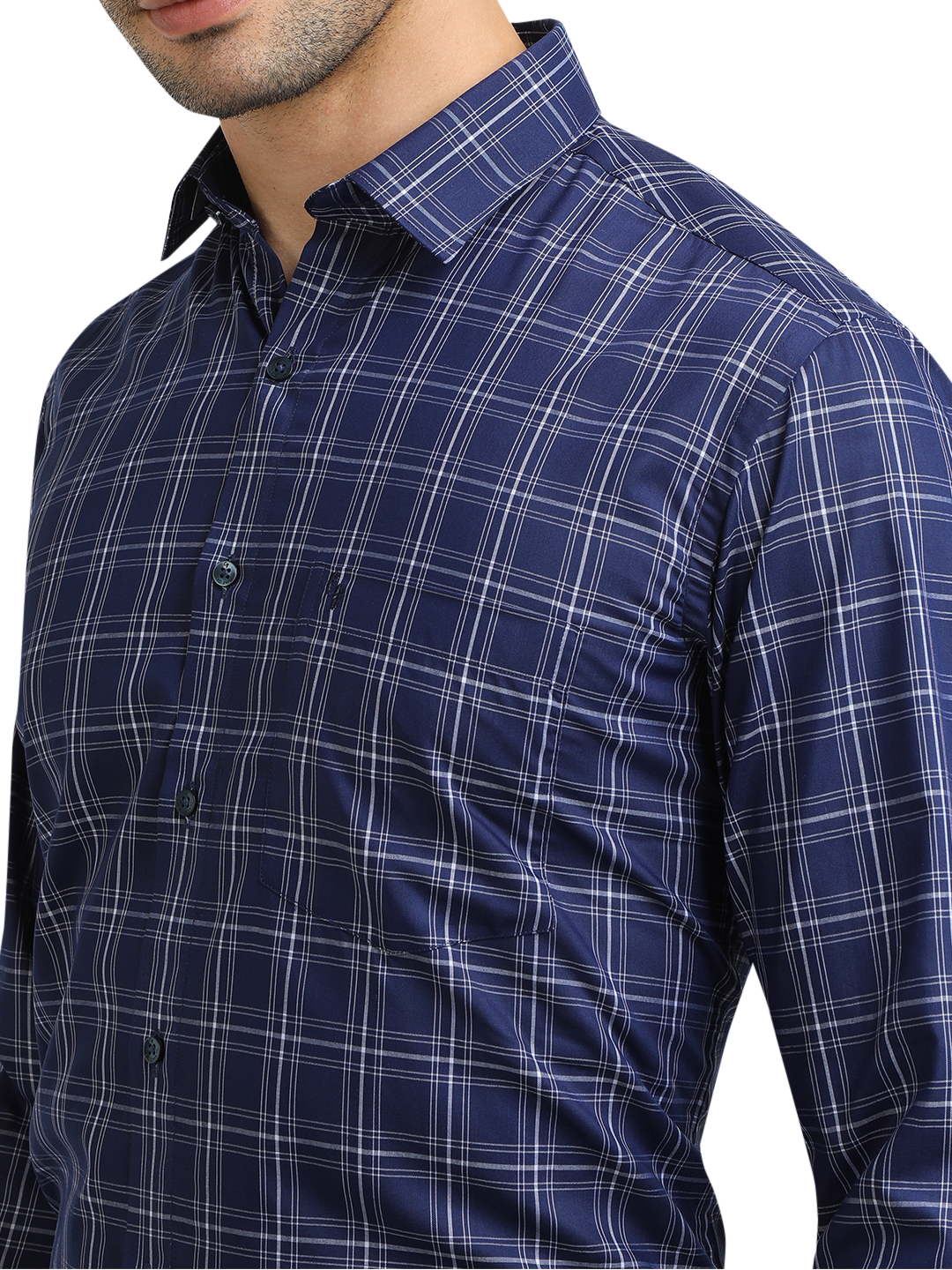 Model wearing Clarke Gable's Navy With White Checked Formal Shirt in a casual setting